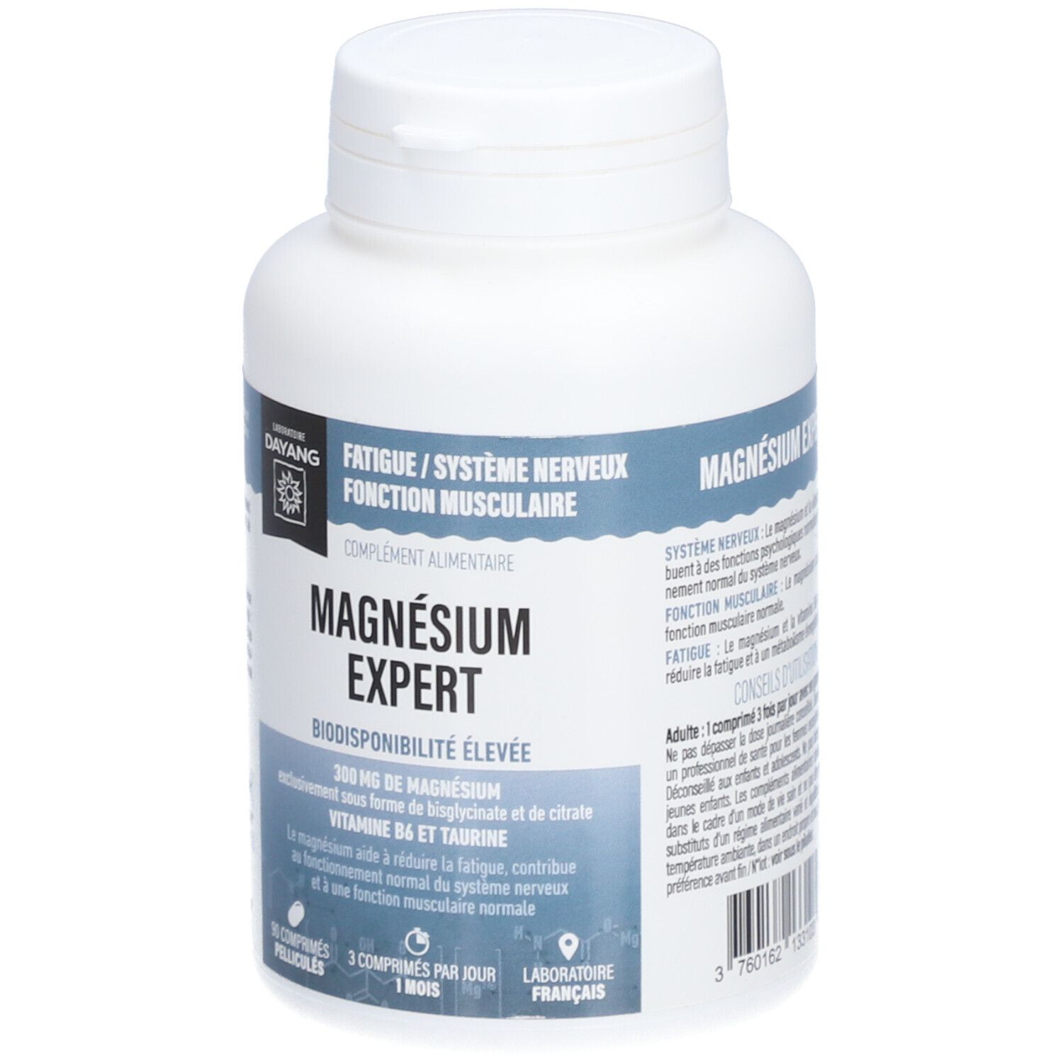 Flacon blanc DAYANG Magnesium Expert. Inscription: Fatigue/Système nerveux, 90 comprimés, 3 par jour. Laboratoire français.
