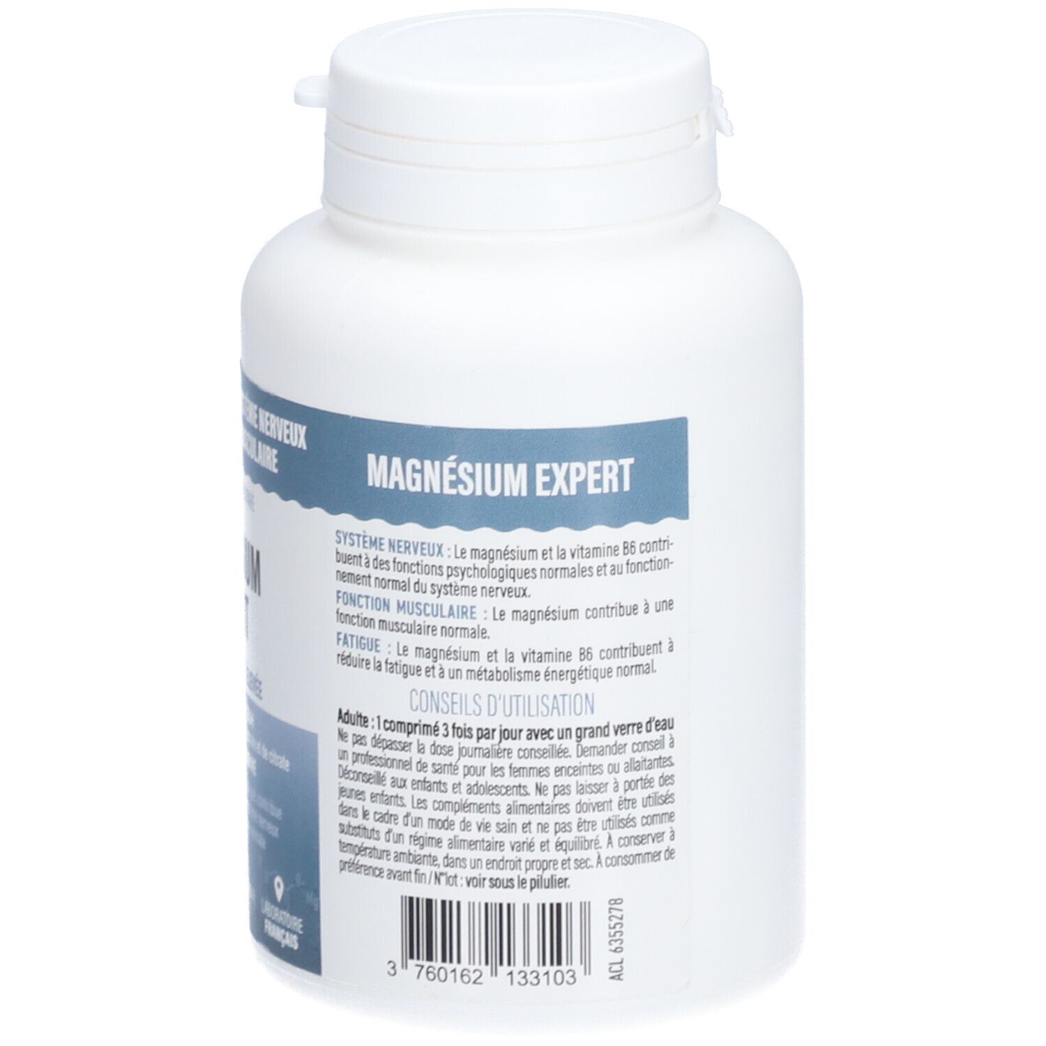 Dos du flacon blanc DAYANG Magnesium Expert. Informations d'utilisation, numéro de lot, code-barres.