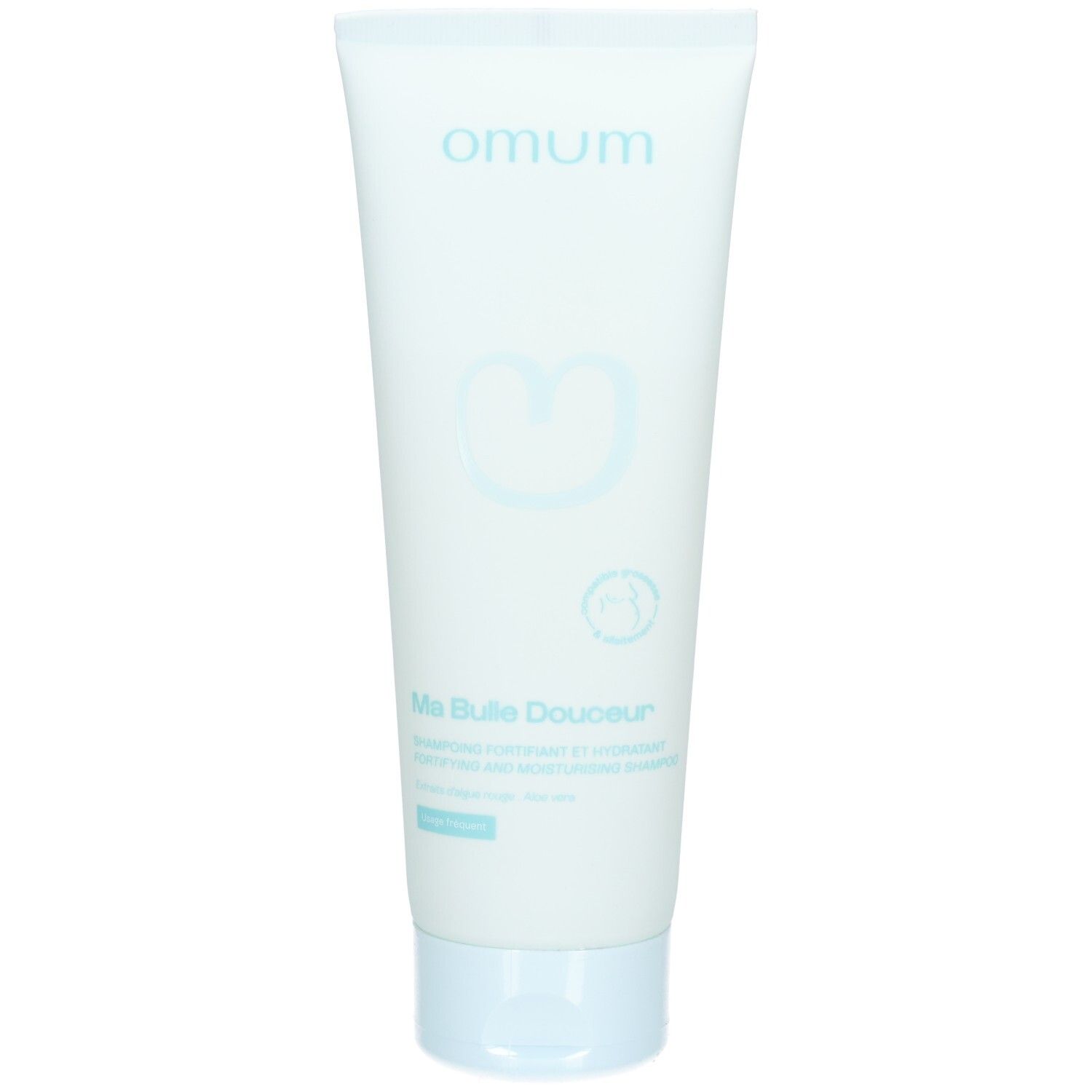 Tube bleu clair avec logo Omum et nom du produit.