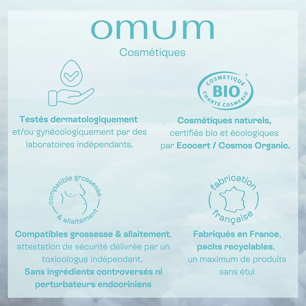 Logo Omum, sceaux pour tests dermatologiques, certification bio et fabrication française.