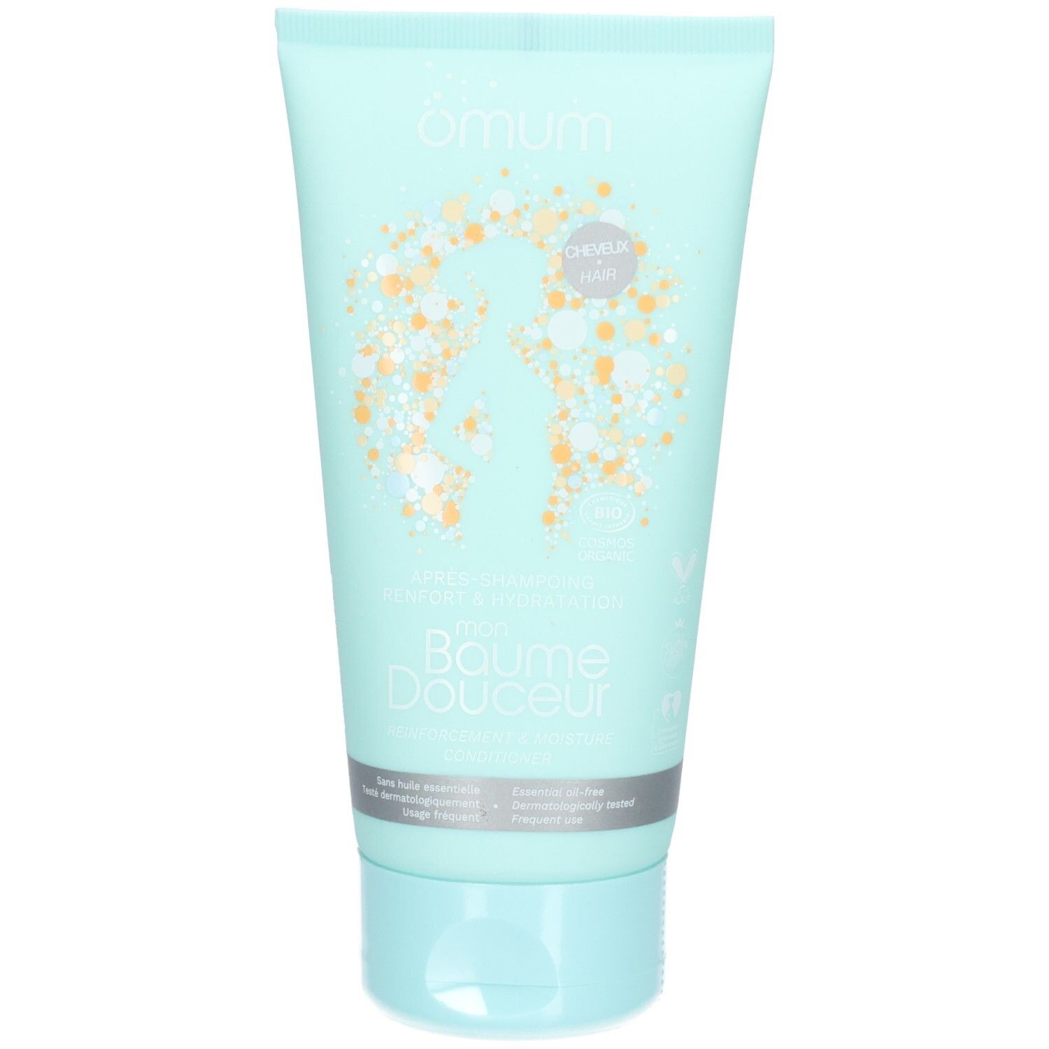 Avant du tube Omum turquoise avec nom du produit et design floral.