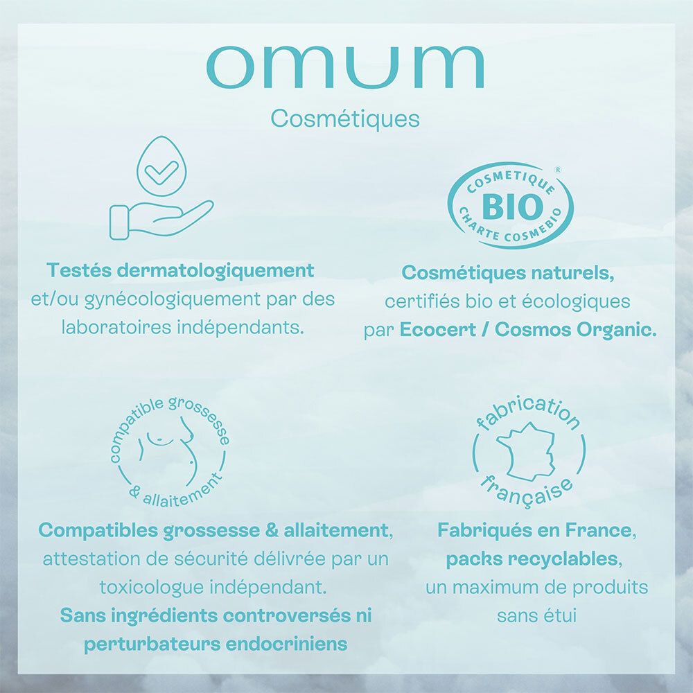Omum Cosmétiques : labels Dermatest, BIO, compatibilité grossesse, fabrication française.
