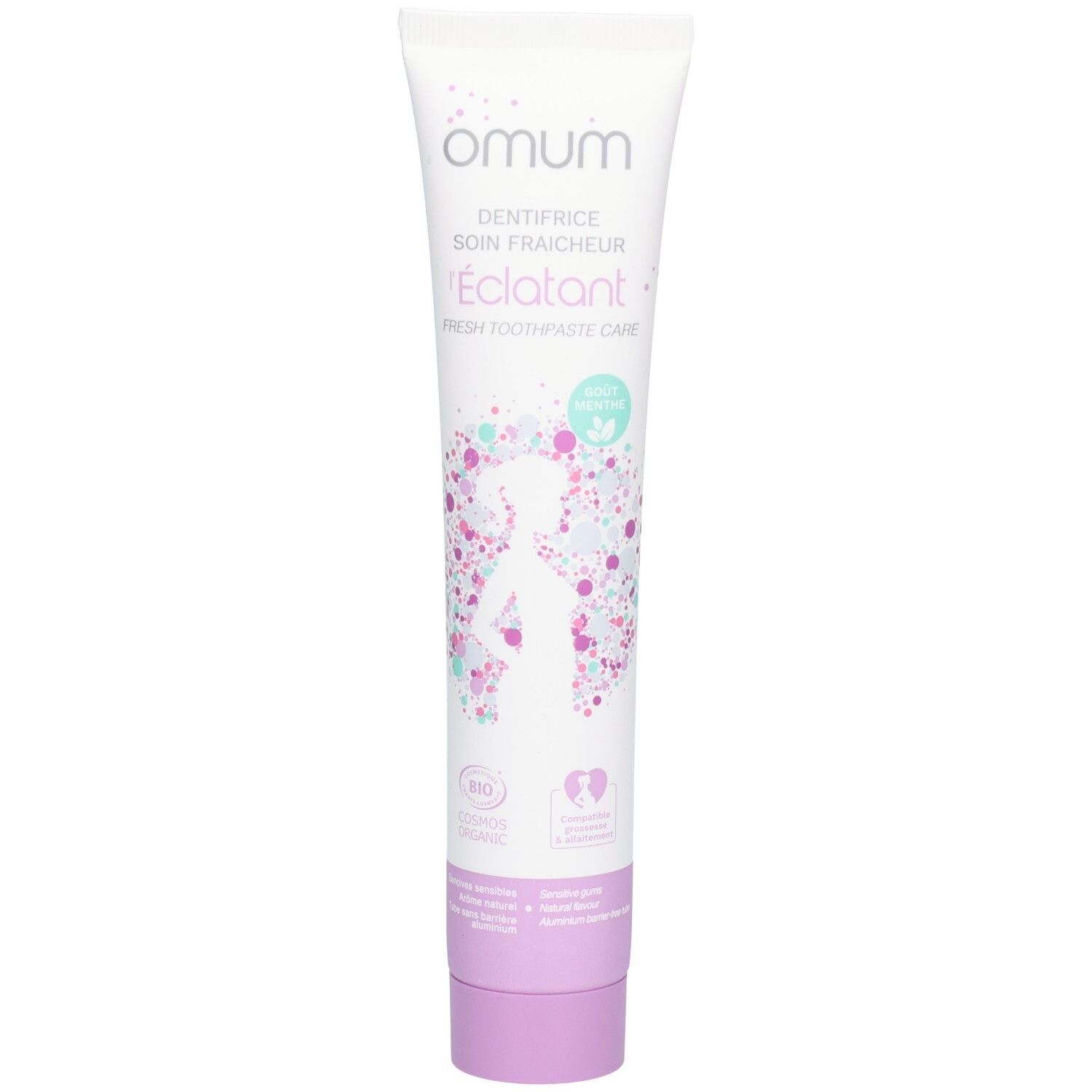 Tube de dentifrice Omum L'Eclatant avec bouchon violet et design floral.