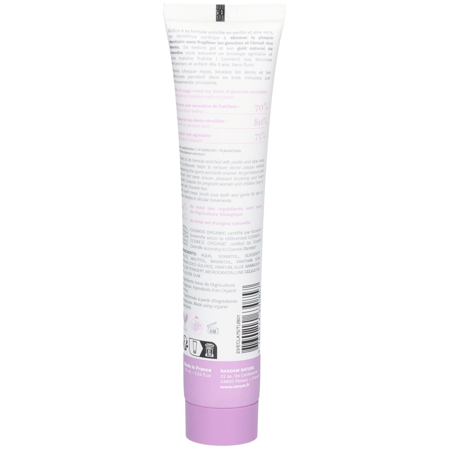 Arrière du tube de dentifrice Omum L'Eclatant avec informations produit et code-barres.