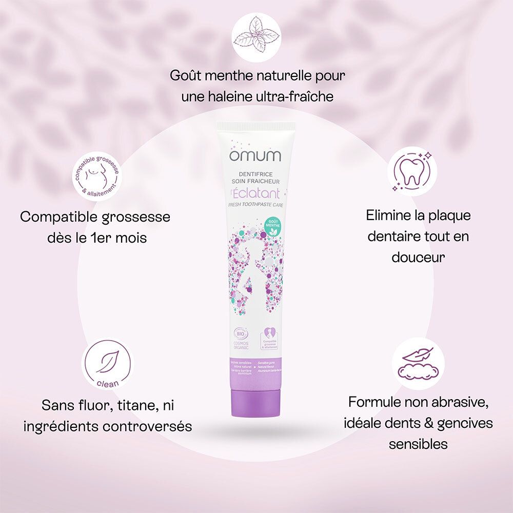 Tube de dentifrice Omum L'Eclatant au centre, entouré d'icônes de bénéfices comme la compatibilité grossesse.
