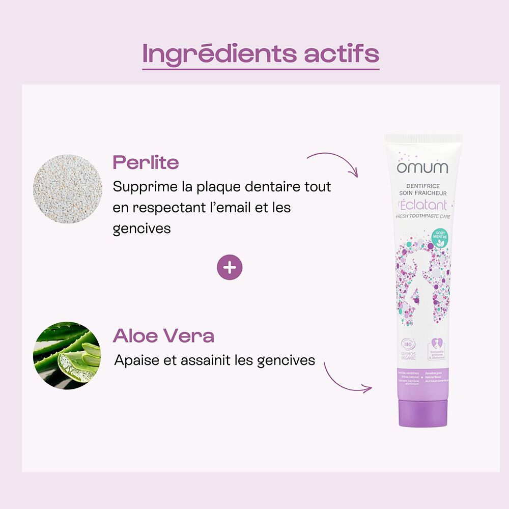 Ingrédients actifs du dentifrice Omum L'Eclatant : Perlite et Aloe Vera.
