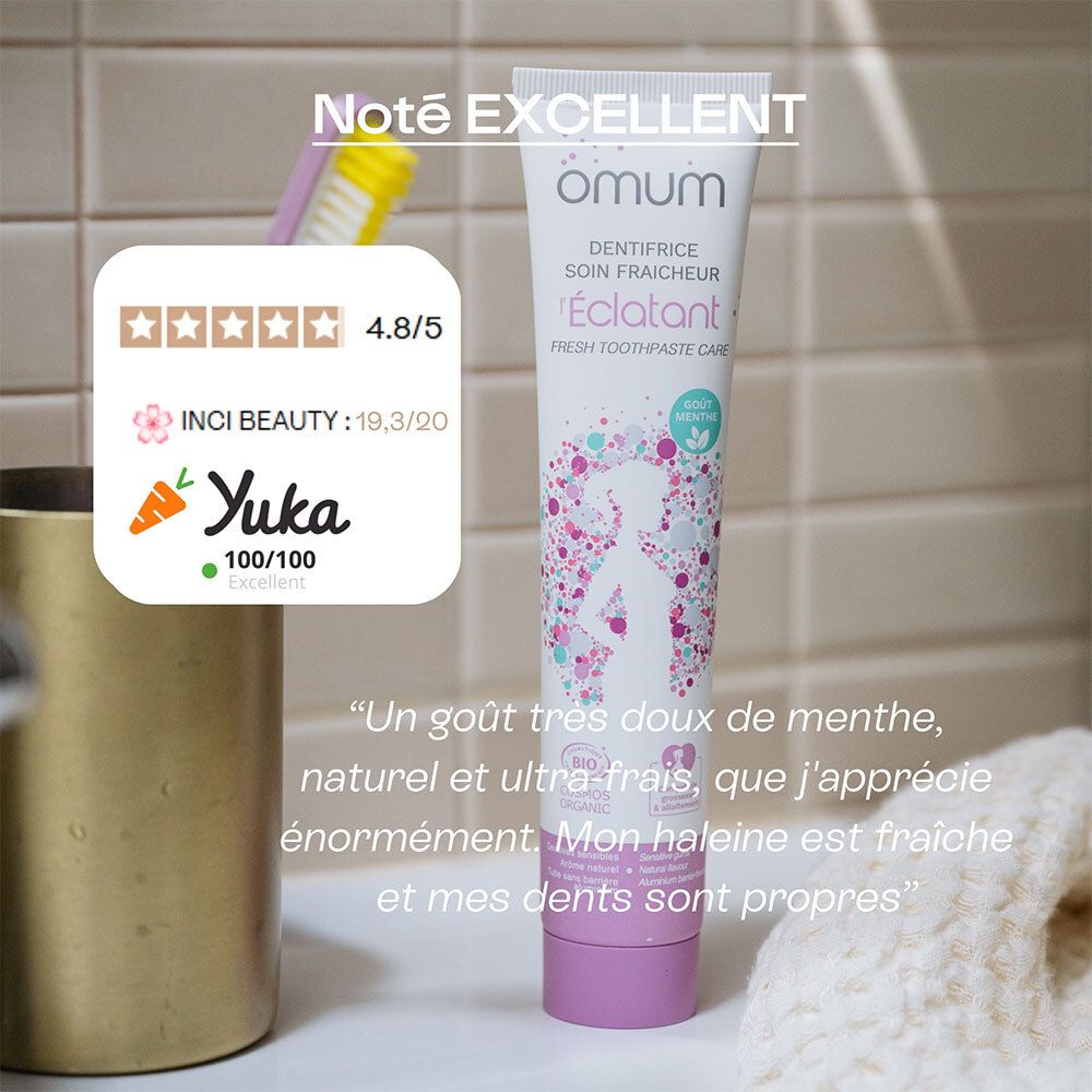 Tube de dentifrice Omum L'Eclatant avec note Yuka (100/100) et note Inci Beauty.
