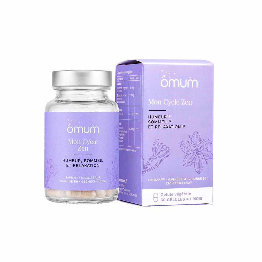 Flacon et boîte Omum Mon Cycle Zen. Contient 60 gélules végétales.