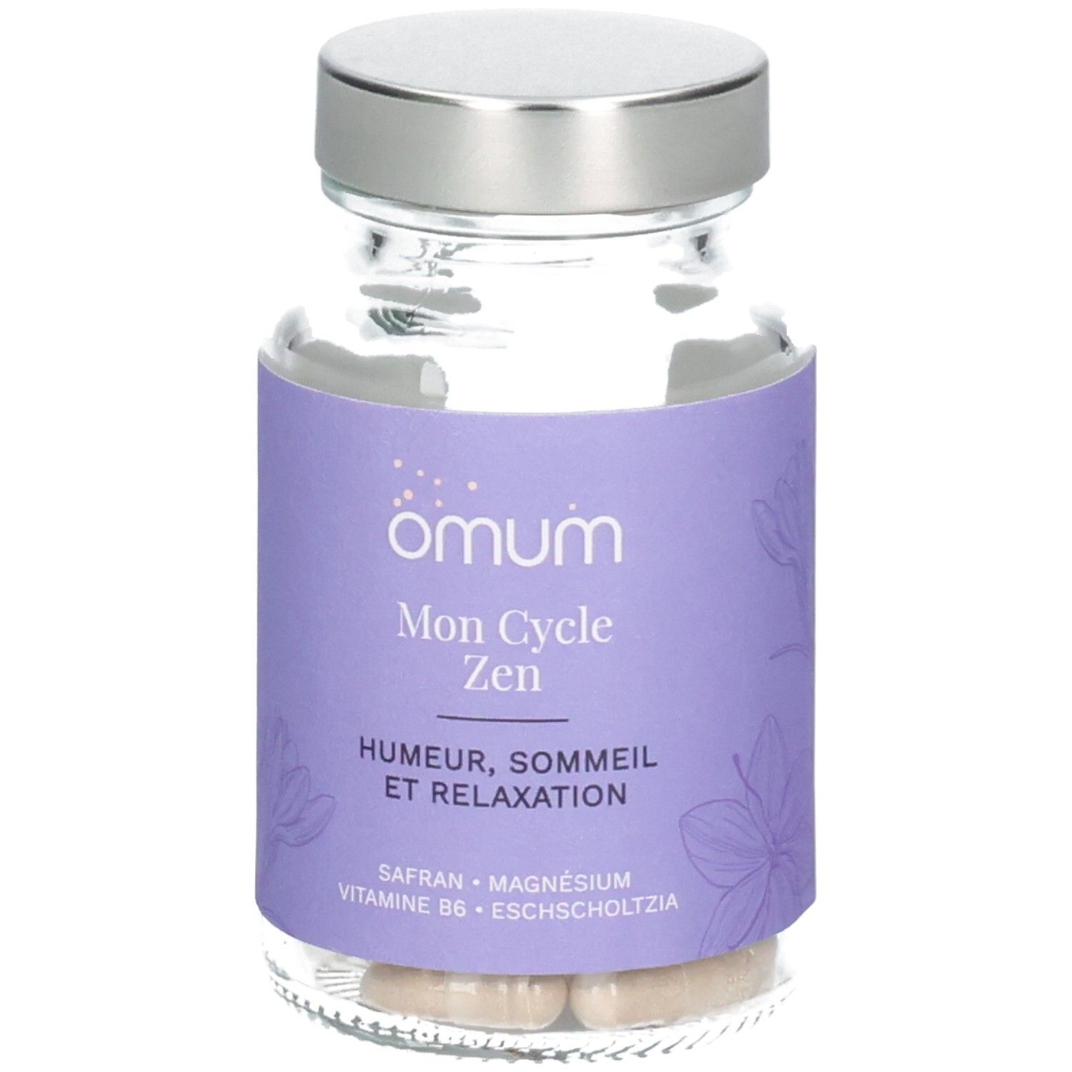 Main tenant une gélule Omum Mon Cycle Zen près d'un verre d'eau. "Noté EXCELLENT 4.5/5".