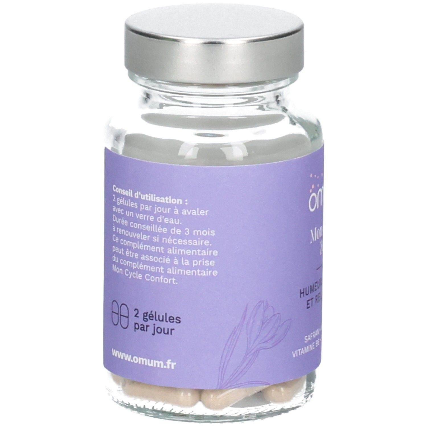 Flacon Omum Mon Cycle Zen avec bouchon argenté et étiquette violette.