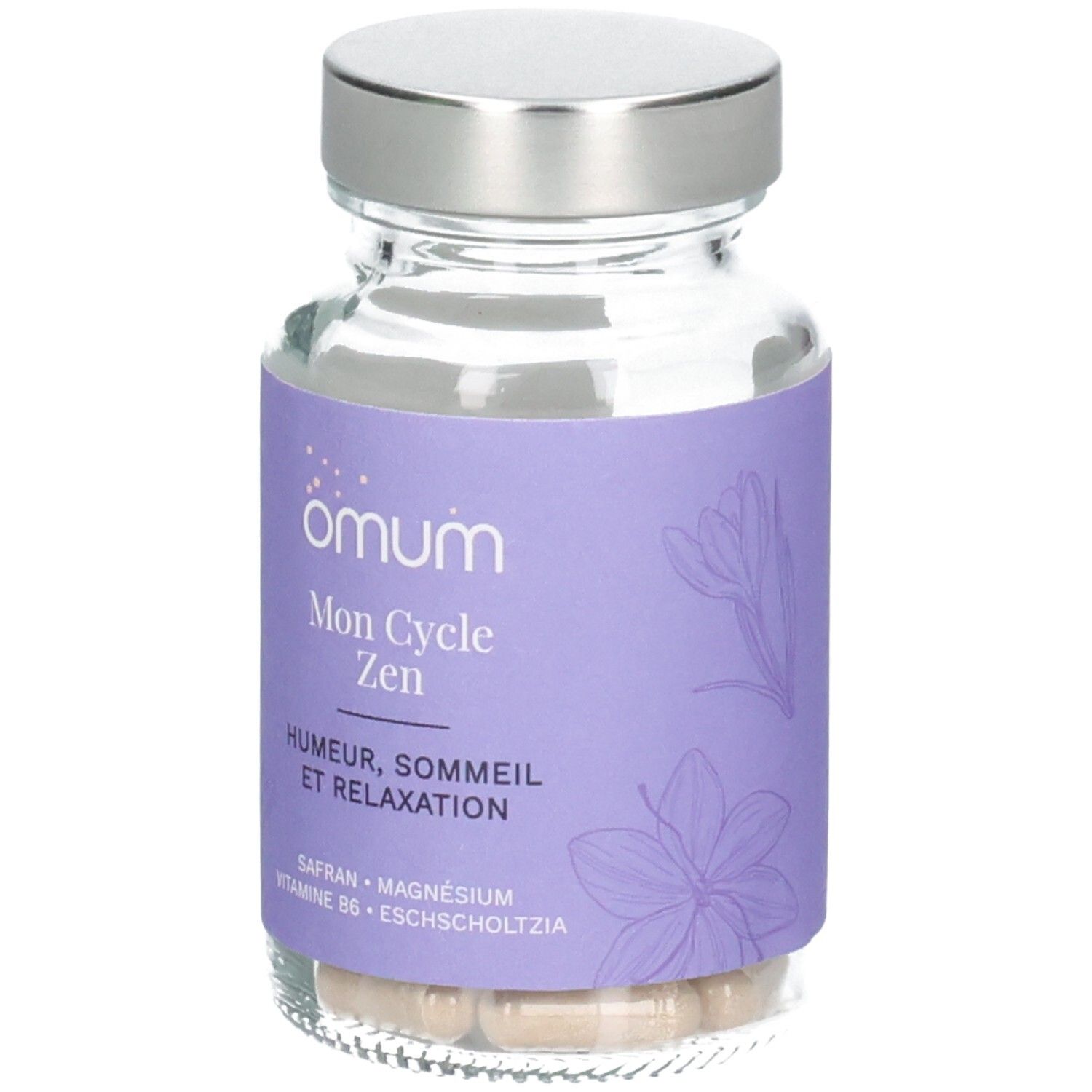 Vue latérale du flacon Omum Mon Cycle Zen avec étiquette violette et gélules.