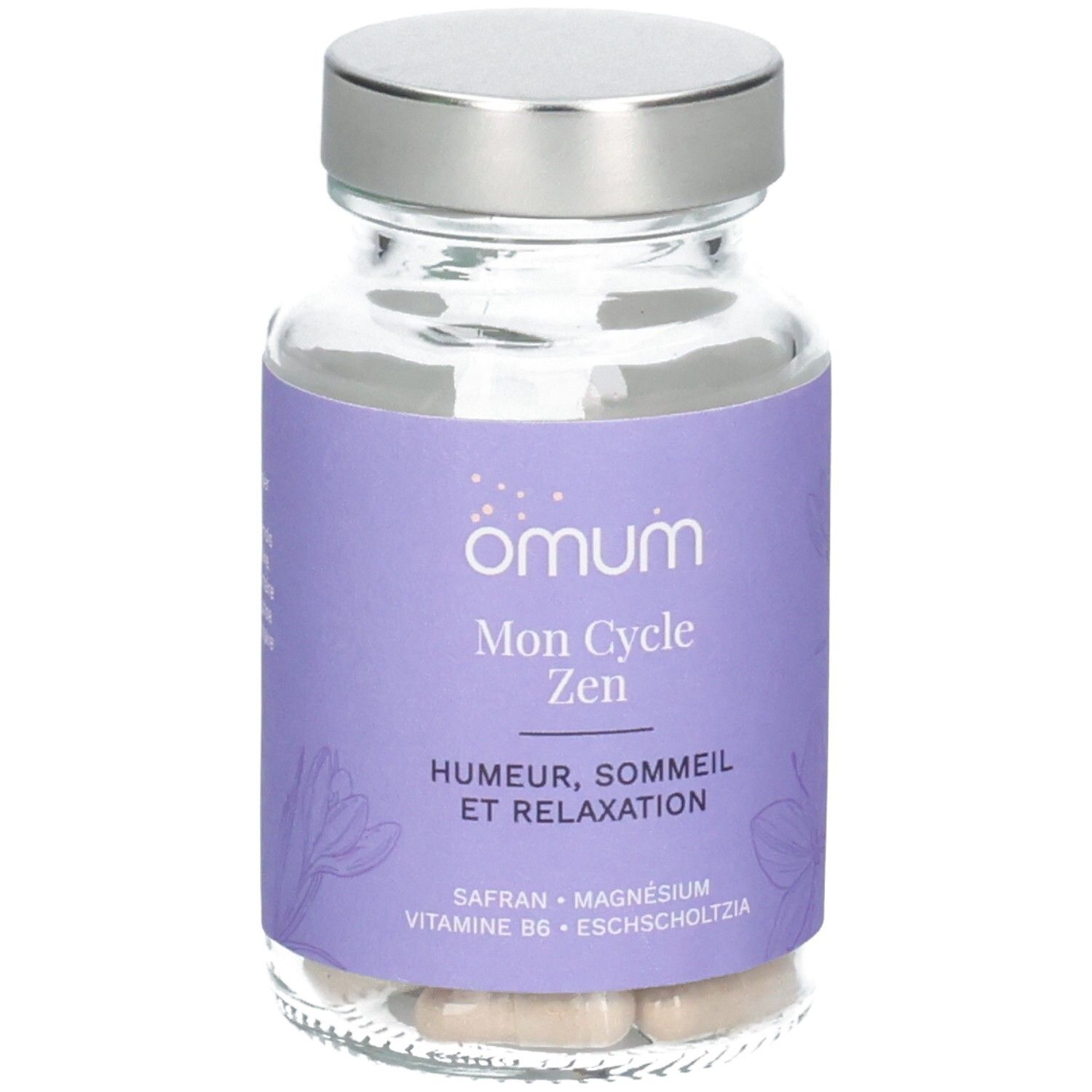 Flacon Omum Mon Cycle Zen avec étiquette violette illustrée de fleurs.
