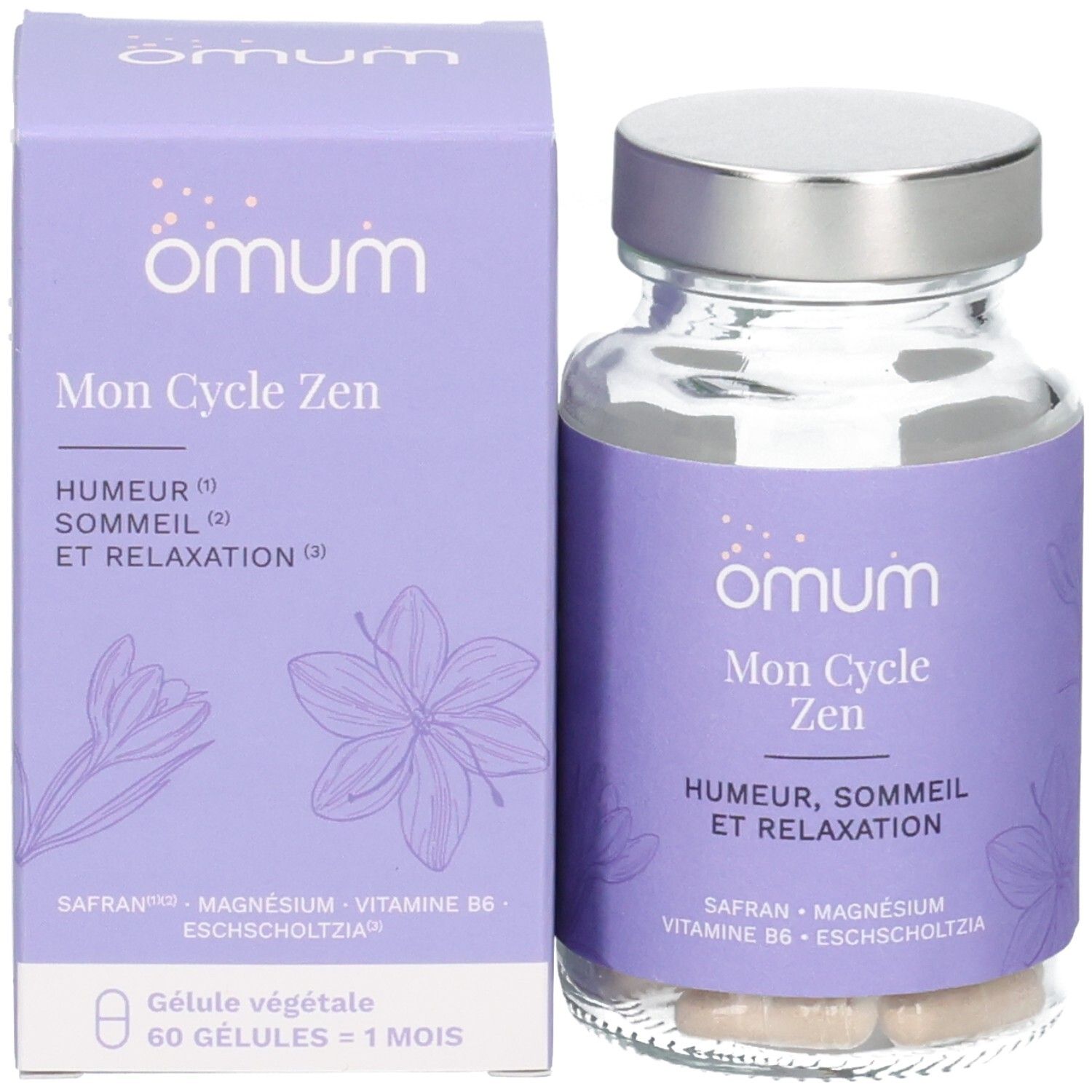 Flacon et boîte Omum Mon Cycle Zen. Contient 60 gélules végétales.