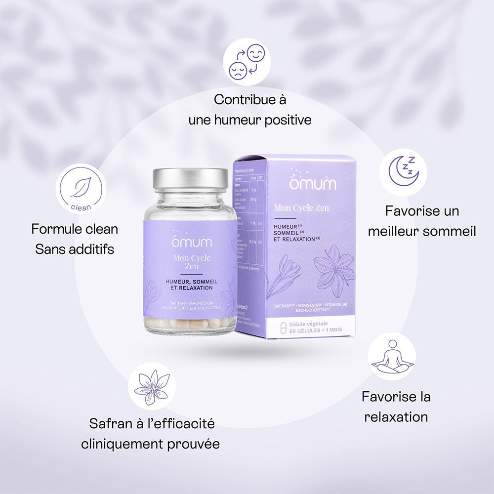 Flacon et boîte Omum Mon Cycle Zen avec icônes : "Formule clean", "Humeur positive", "Meilleur sommeil", "Relaxation", "Safran prouvé".