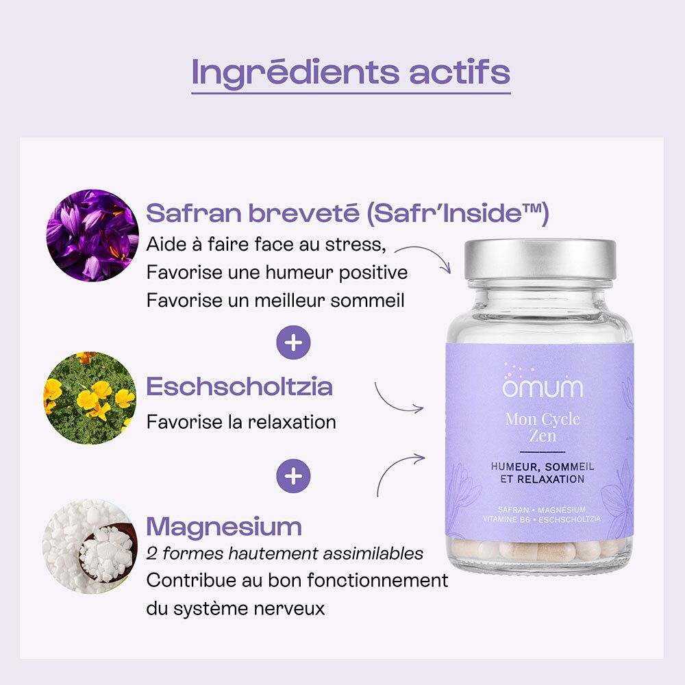 Ingrédients Omum Mon Cycle Zen : Safran, Eschscholtzia, Magnésium. Flacon de 60 gélules.