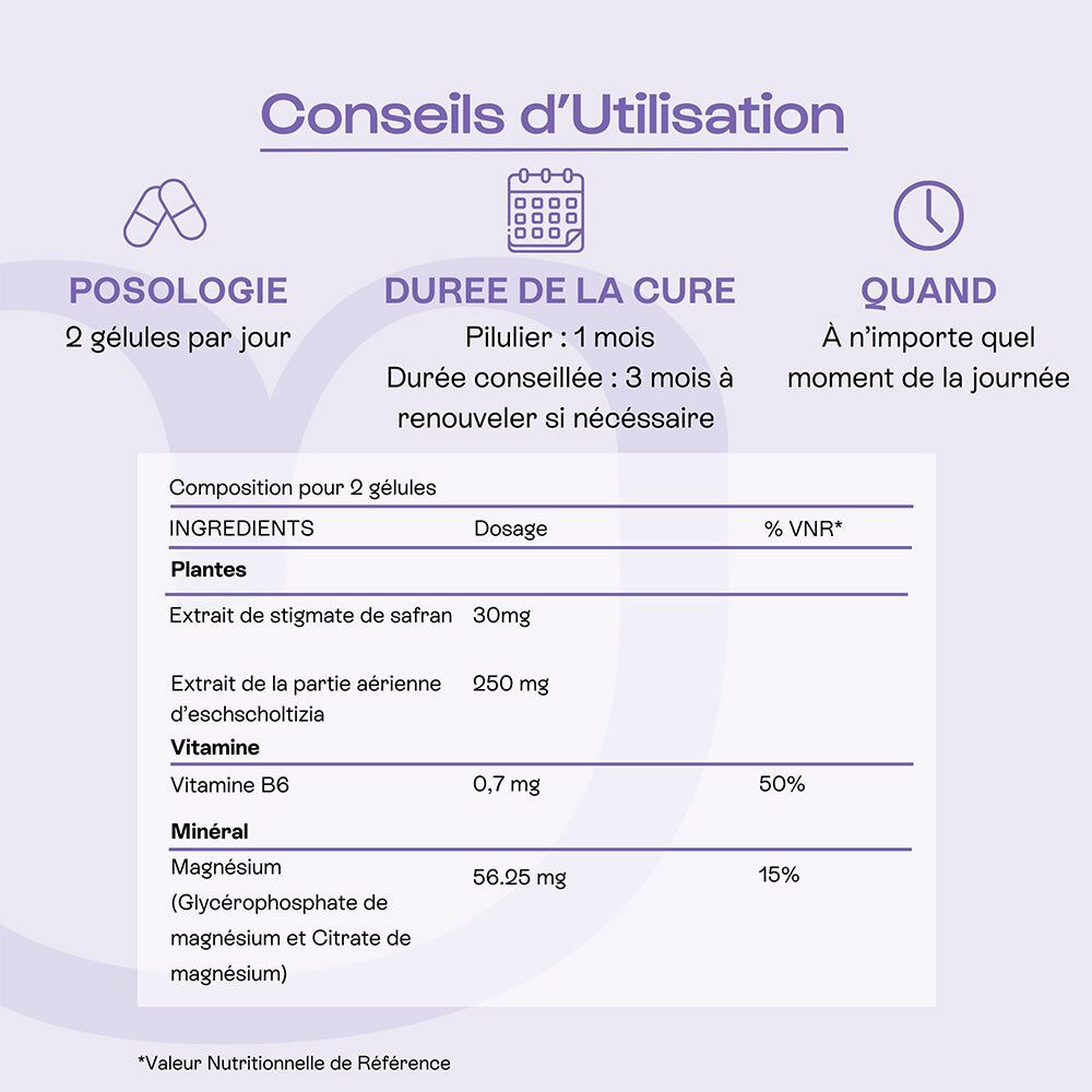Utilisation Omum Mon Cycle Zen : "2 gélules par jour". Durée : "1 mois". Quand : "À tout moment".