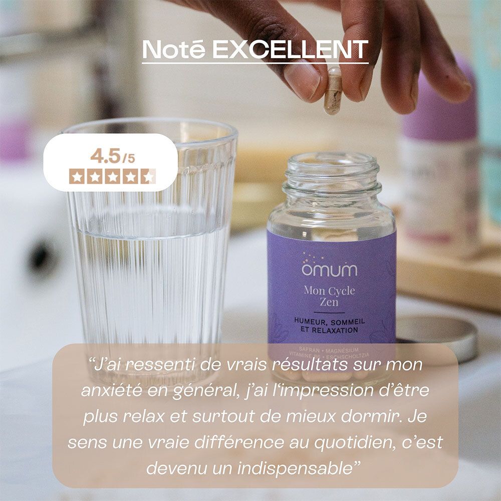 Omum Mon Cycle Zen Ingrédients : Safran 30mg, Eschscholtzia 250mg, Vitamine B6 0.7mg, Magnésium 56.05mg.