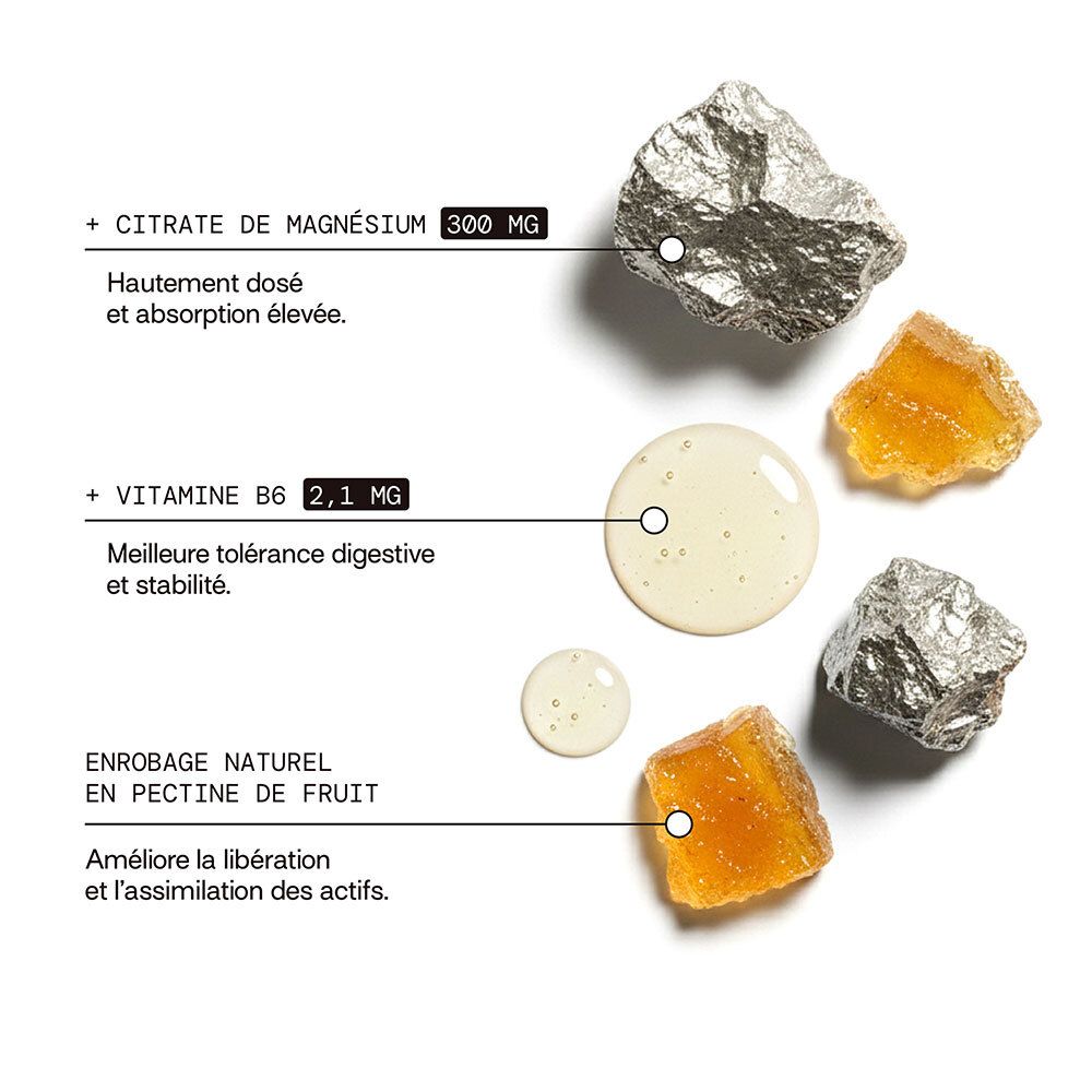 Ingrédients : Citrate de magnésium 300 mg, vitamine B6 2,1 mg, enrobage naturel en pectine de fruit.