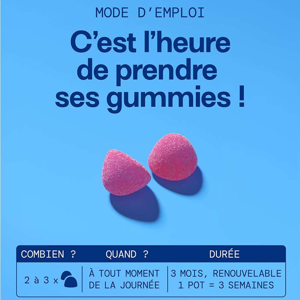 Mode d'emploi : C'est l'heure de prendre ses gummies ! Posologie : 2 à 3 fois par jour. Durée : 3 mois, renouvelable.