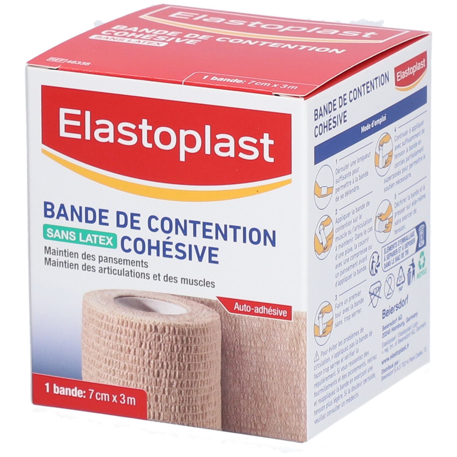 Boîte de bandage Elastoplast cohésif, beige, 7cm x 3m. Inscription 'sans latex'. Instructions d'utilisation et illustration du produit.