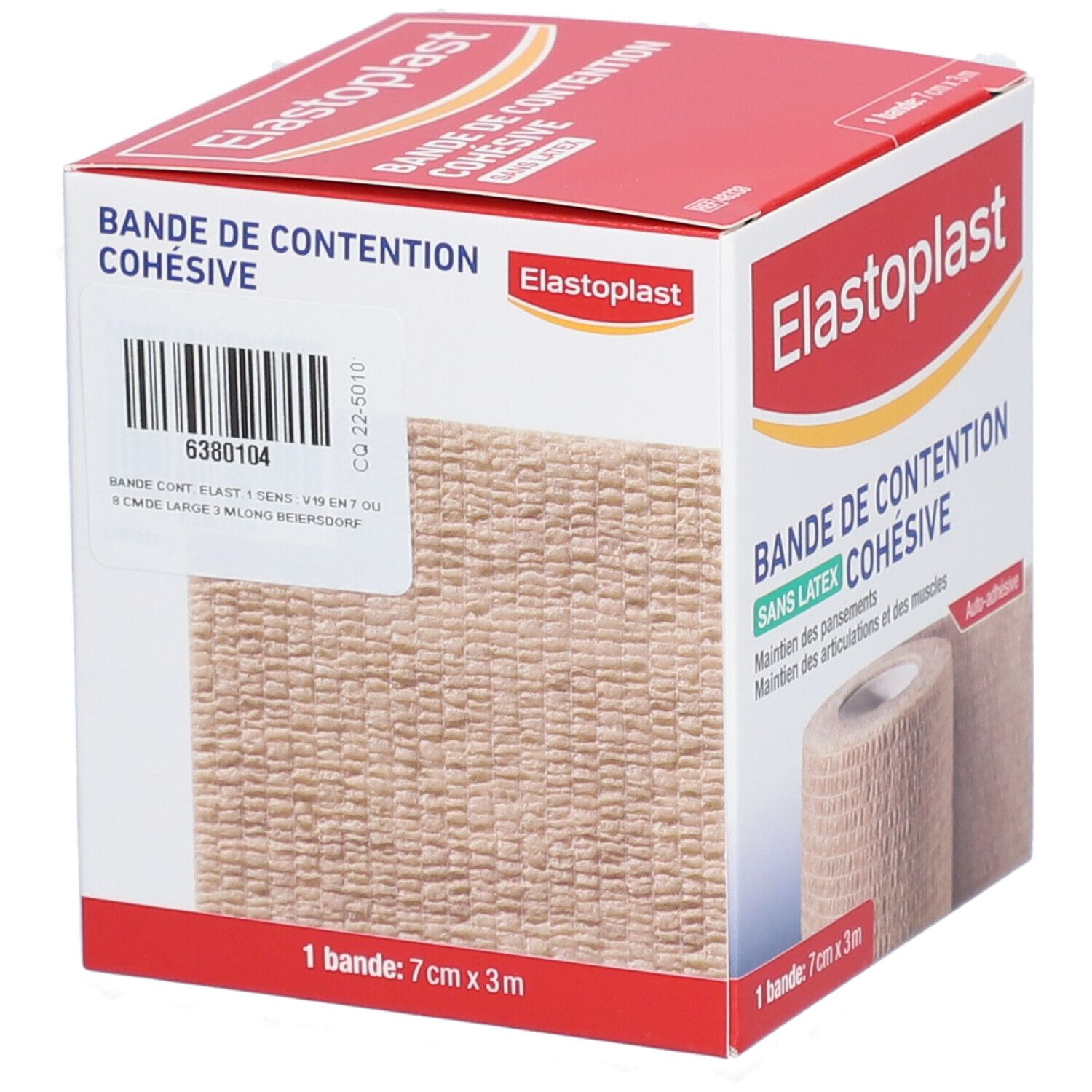 Emballage de bandage Elastoplast cohésif, beige, 7cm x 3m. Code-barres et indication de taille. 'Bande de contention'.
