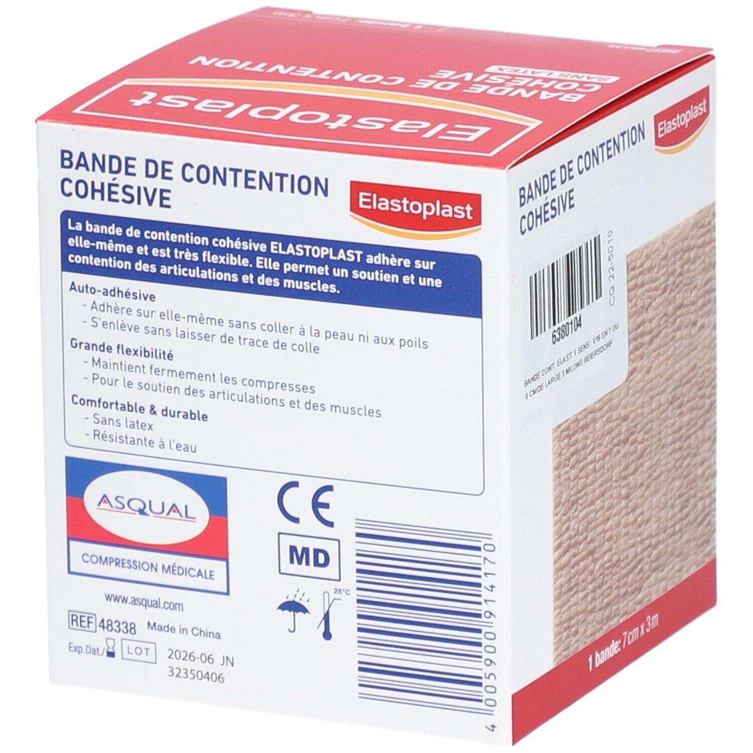 Emballage de bandage Elastoplast, beige, 7cm x 3m. Marquage CE. Description du produit. 'Bande de contention cohésive'.