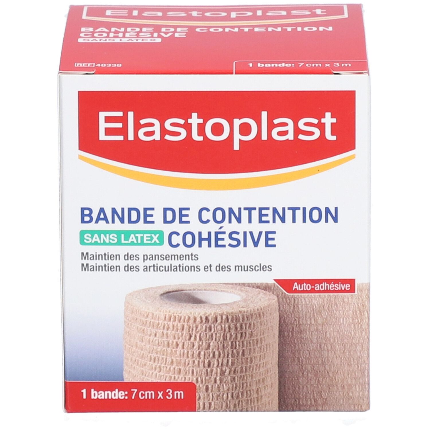 Emballage de bandage Elastoplast cohésif, beige, 7cm x 3m. Nom et description du produit. 'Bande de contention'.