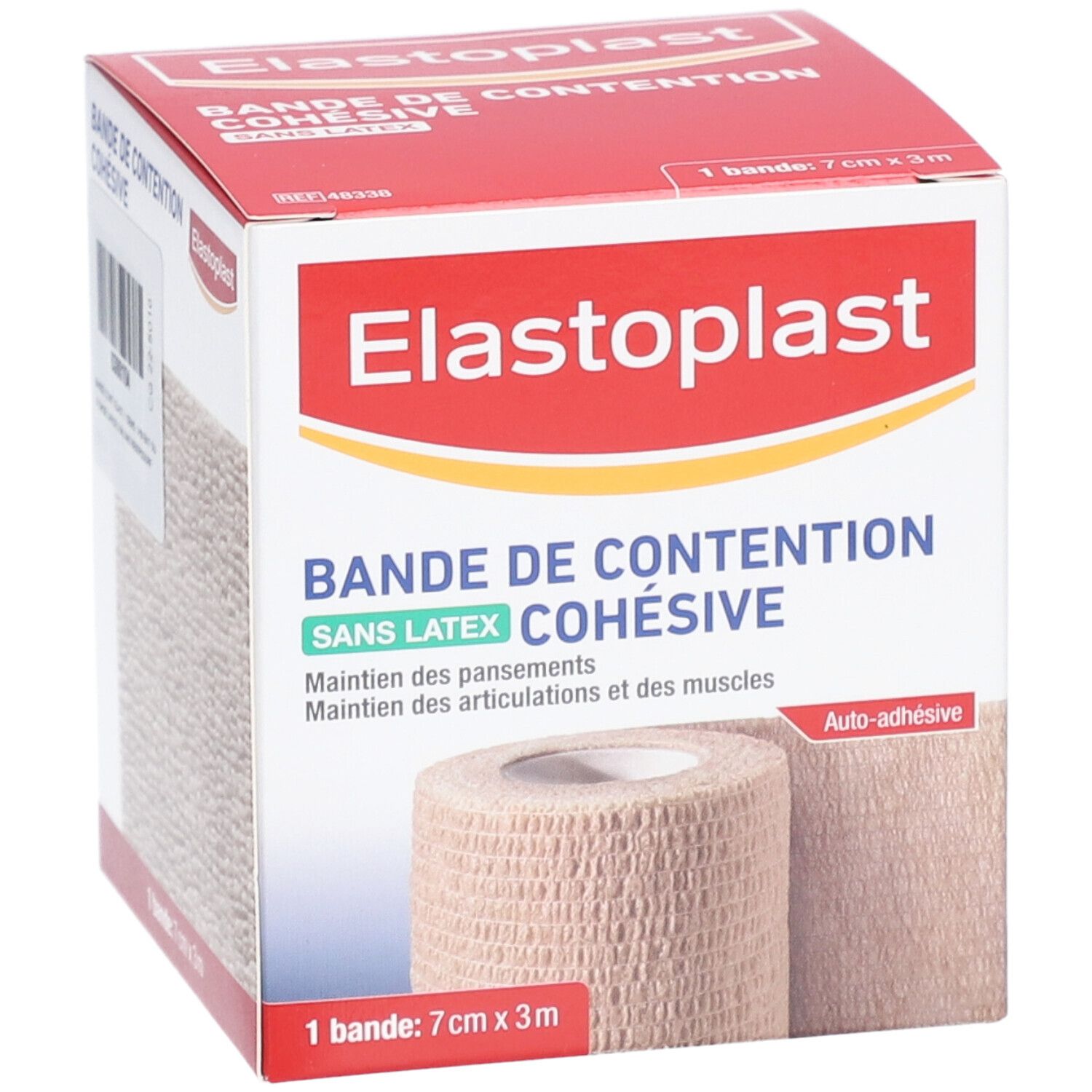 Emballage de bandage Elastoplast cohésif, beige, 7cm x 3m. Nom et description du produit. 'Bande de contention'.