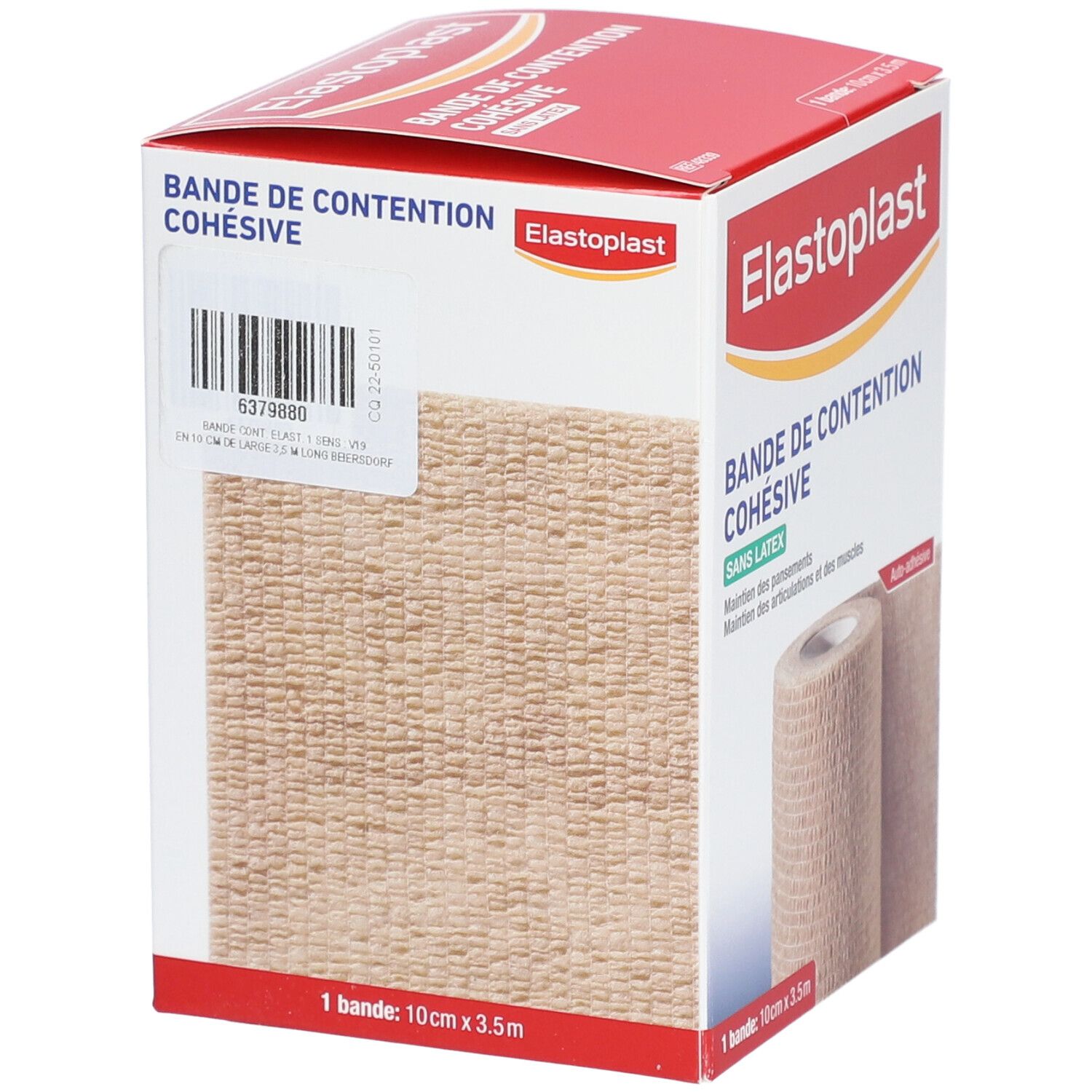 Boîte de bandage Elastoplast. Beige, enroulé. Nom et logo du produit. 10cm x 3,5m.