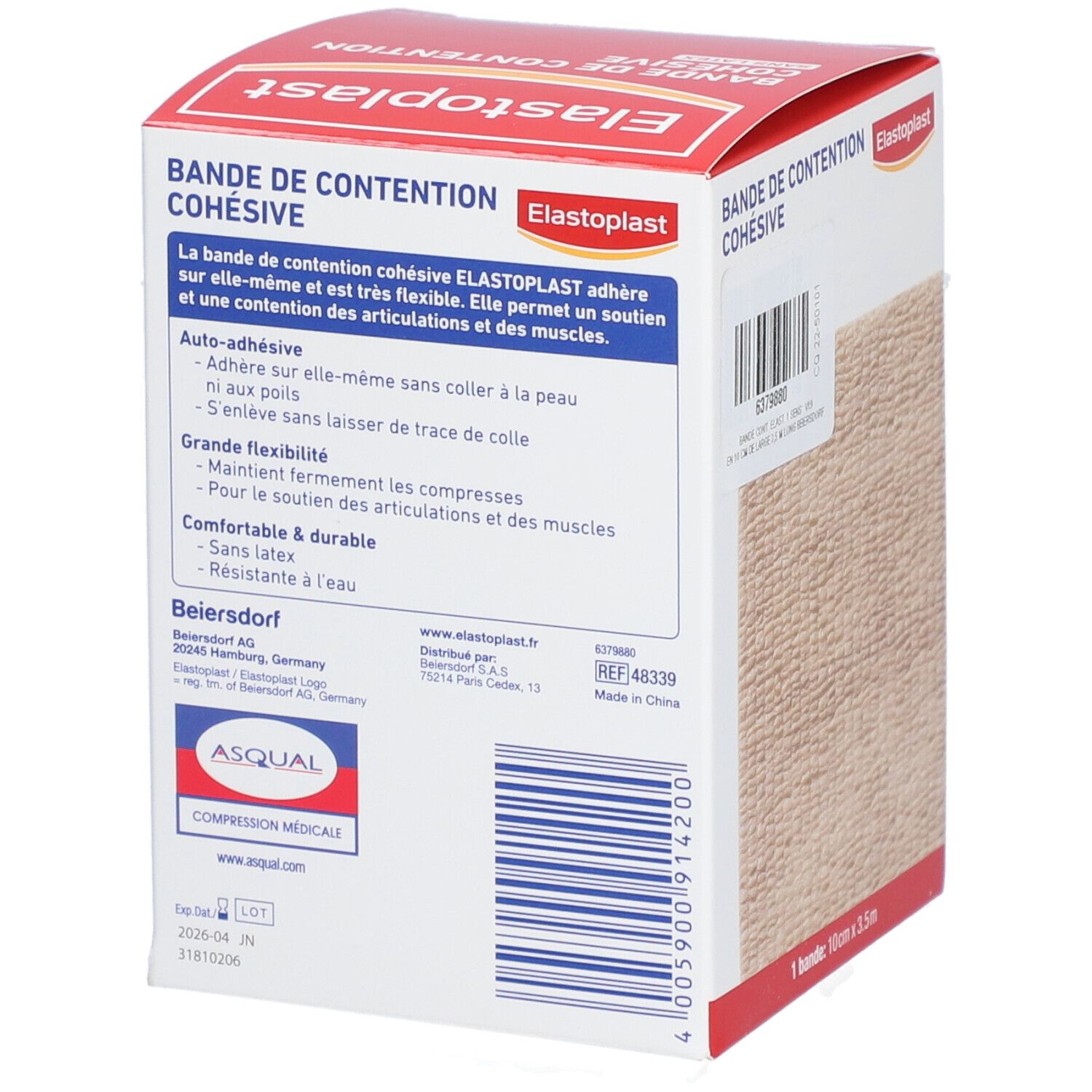 Dos de l'emballage. Informations sur le produit, logo, code-barres. Bandage beige, enroulé.