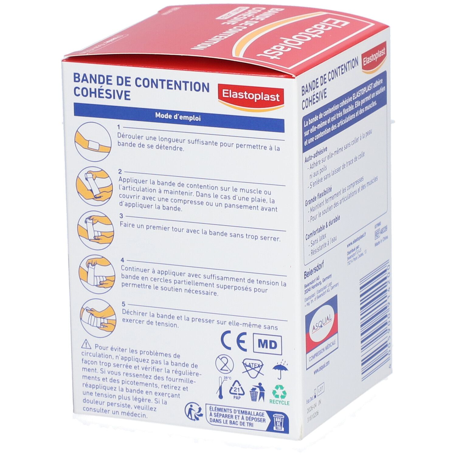 Emballage avec instructions. Illustrations d'utilisation. Marquage CE. Bandage beige.