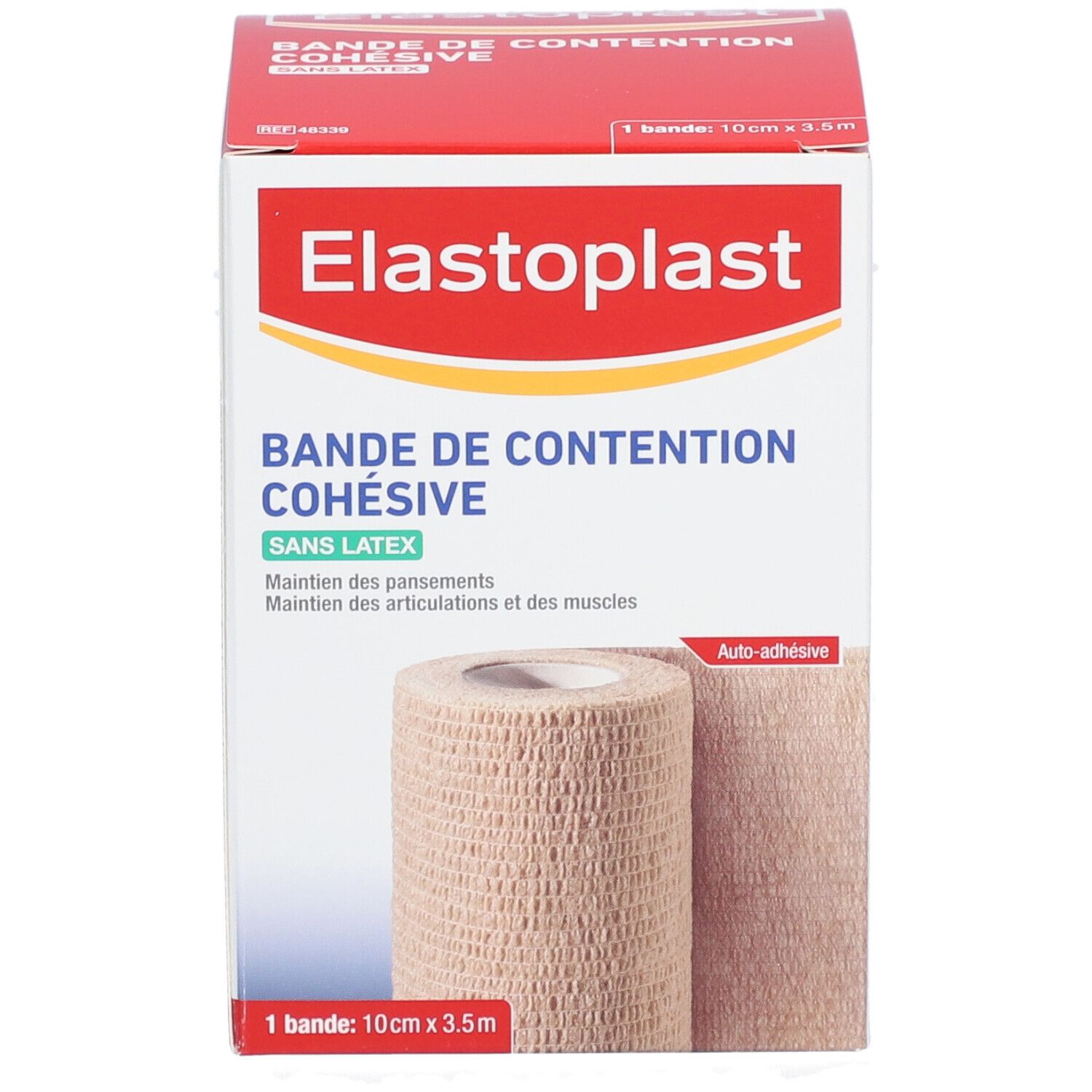 Bandage Elastoplast. Beige, enroulé. Nom et logo du produit. Sans latex.