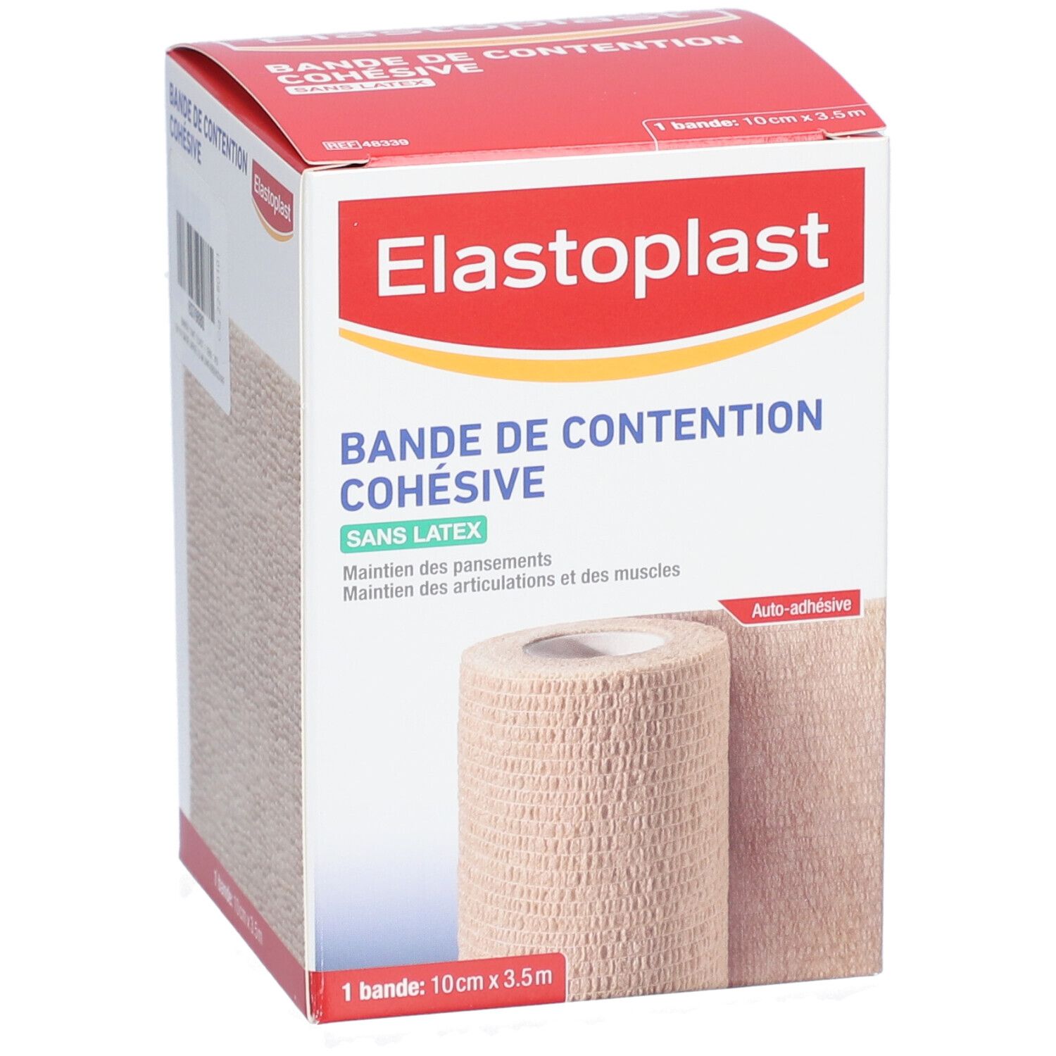 Bandage Elastoplast. Beige, enroulé. Nom et logo du produit. 10cm x 3,5m.