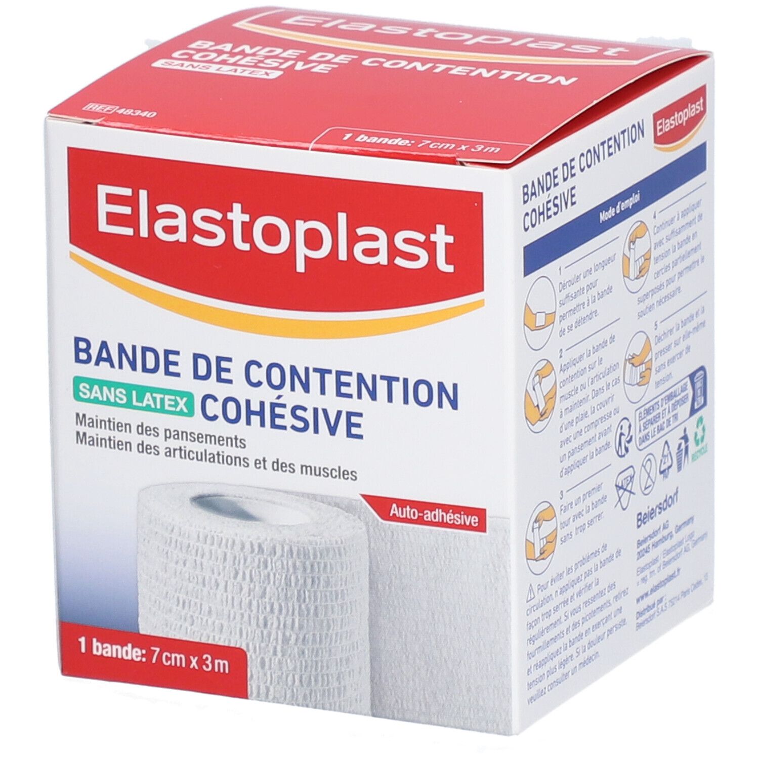 Boîte de bandage ElastoPlast. Bandage blanc, 7cm x 3m. Inscription: Bande de Contention Cohésive, sans latex.