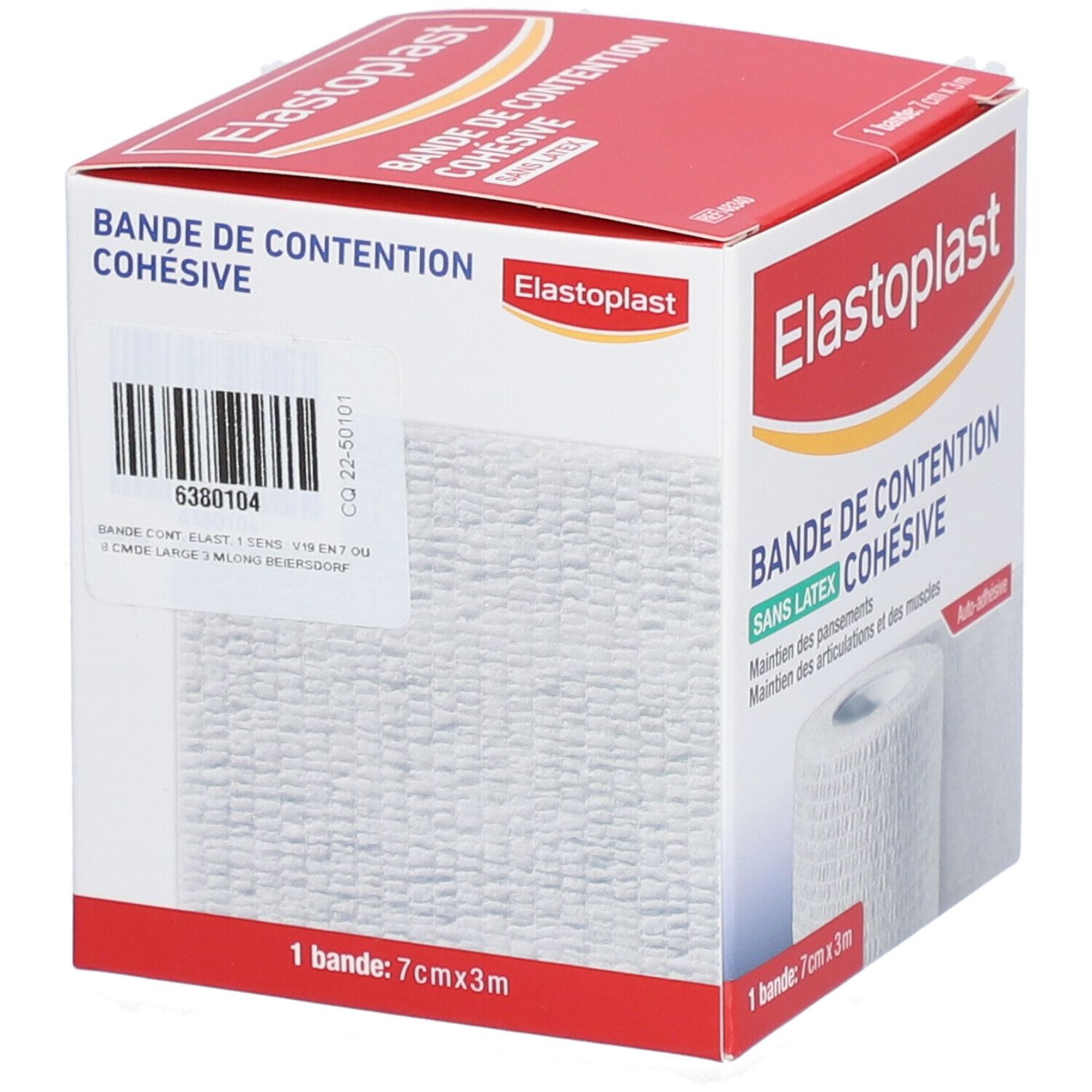Emballage ElastoPlast. Inscription: Bande de Contention Cohésive, sans latex. Produit: 7cm x 3m. Code-barres et numéro de produit.