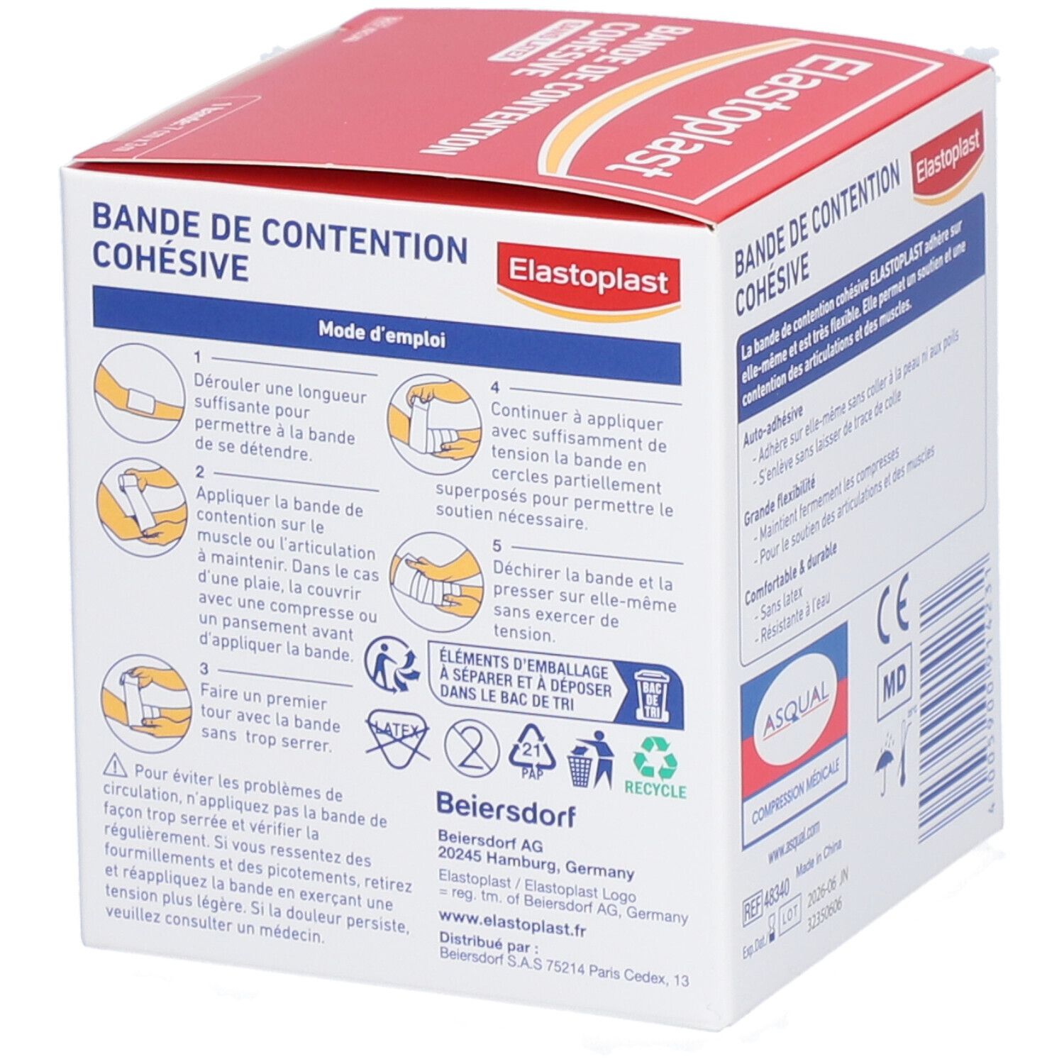Dos de l'emballage ElastoPlast. Instructions, symboles de recyclage, marquage CE et informations du fabricant.