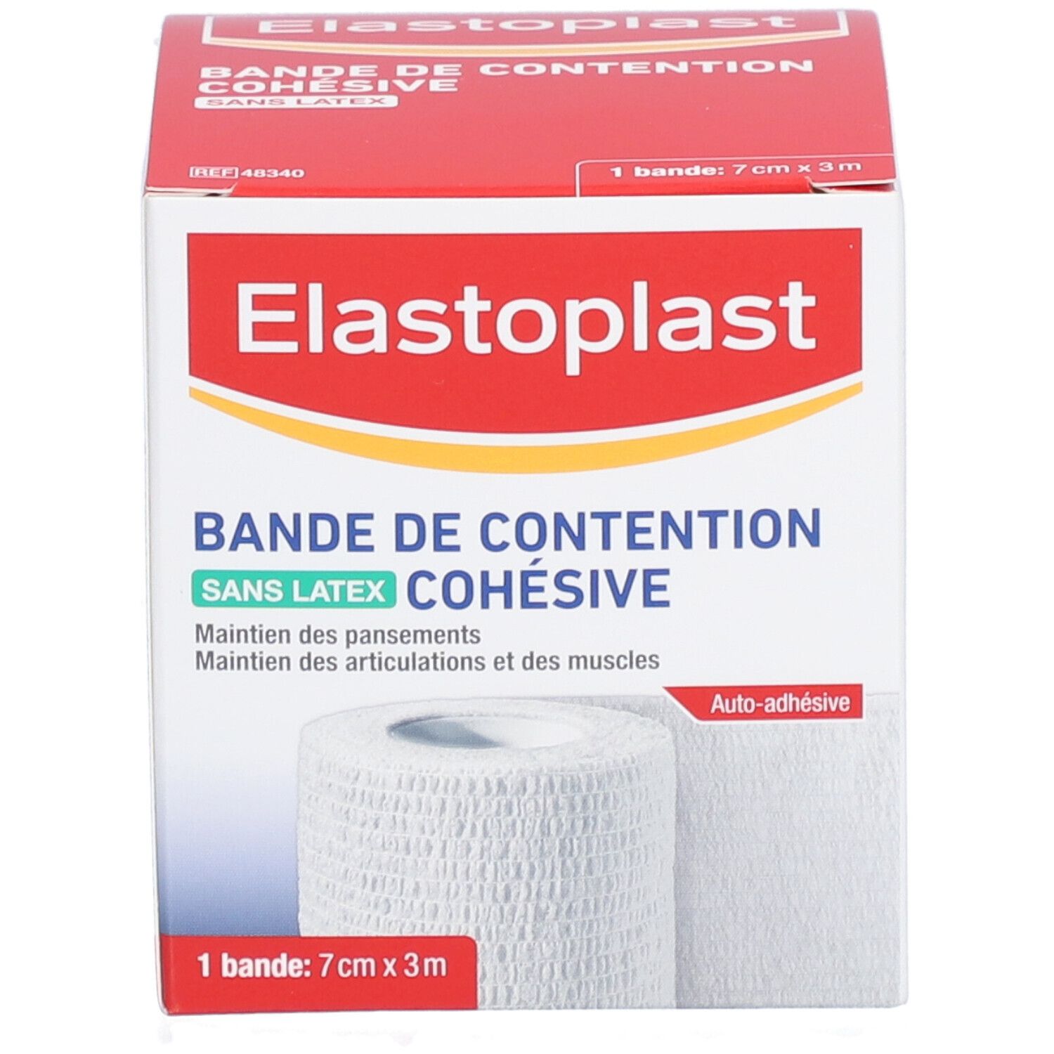 Emballage ElastoPlast. Inscription: Bande de Contention Cohésive, sans latex. Produit: 7cm x 3m. Bandage blanc.