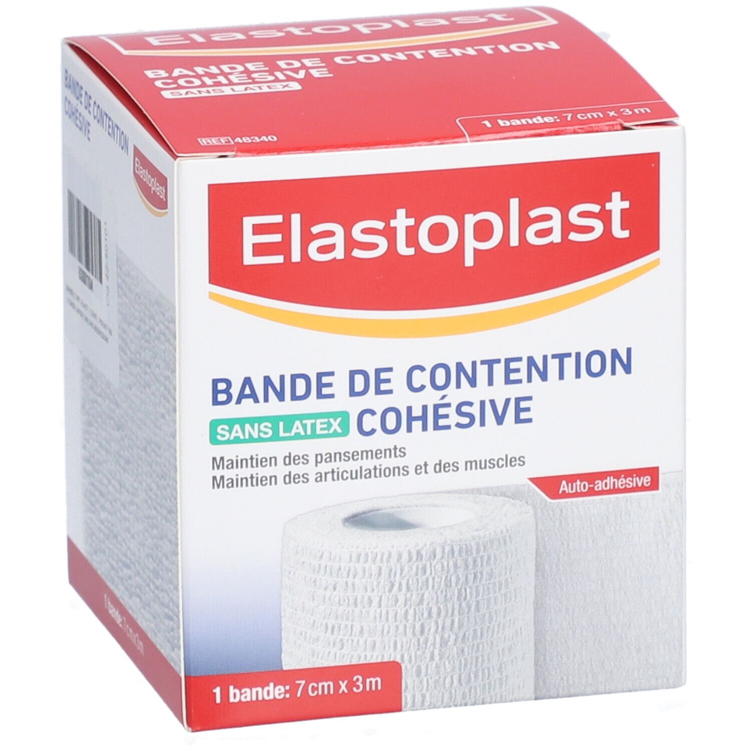 Emballage ElastoPlast. Inscription: Bande de Contention Cohésive, sans latex. Produit: 7cm x 3m. Bandage blanc.
