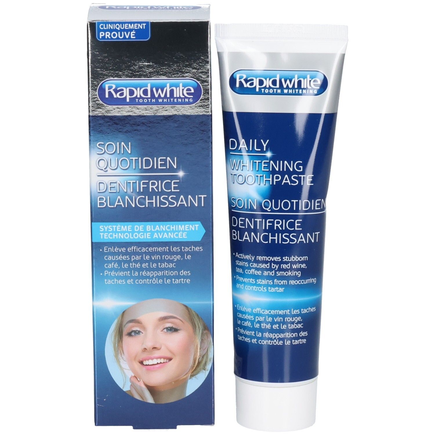 Emballage et tube de dentifrice blanchissant quotidien Rapid White.