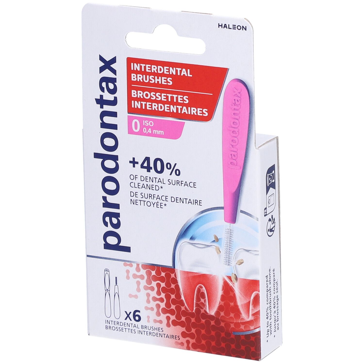 Boîte de 6 brossettes interdentaires. Brosse rose, diamètre 0,4 mm. Marque : Parodontax.