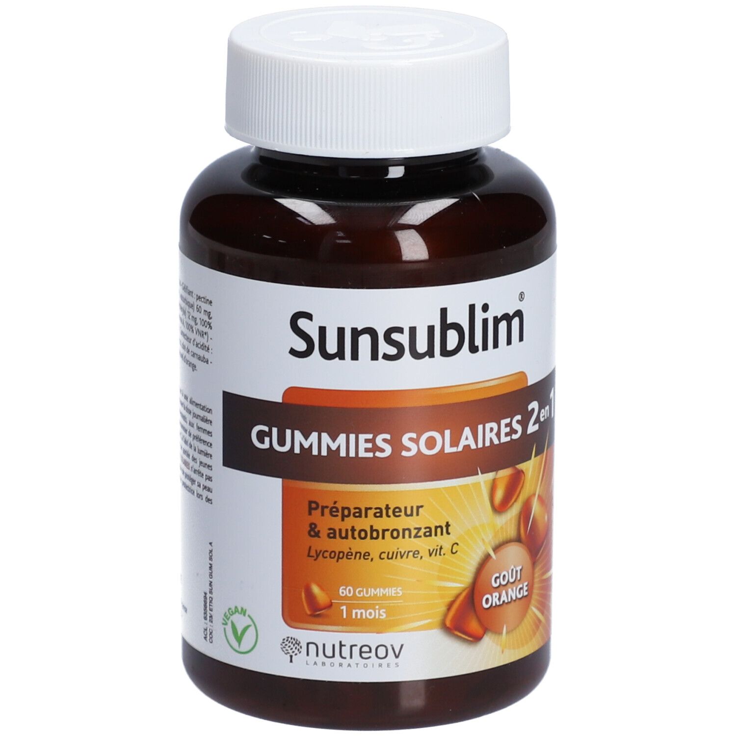 Flacon brun, bouchon blanc. Inscription Sunsublim, Gummies Solaires 2en1. 60 gummies, 1 mois. Goût orange.
