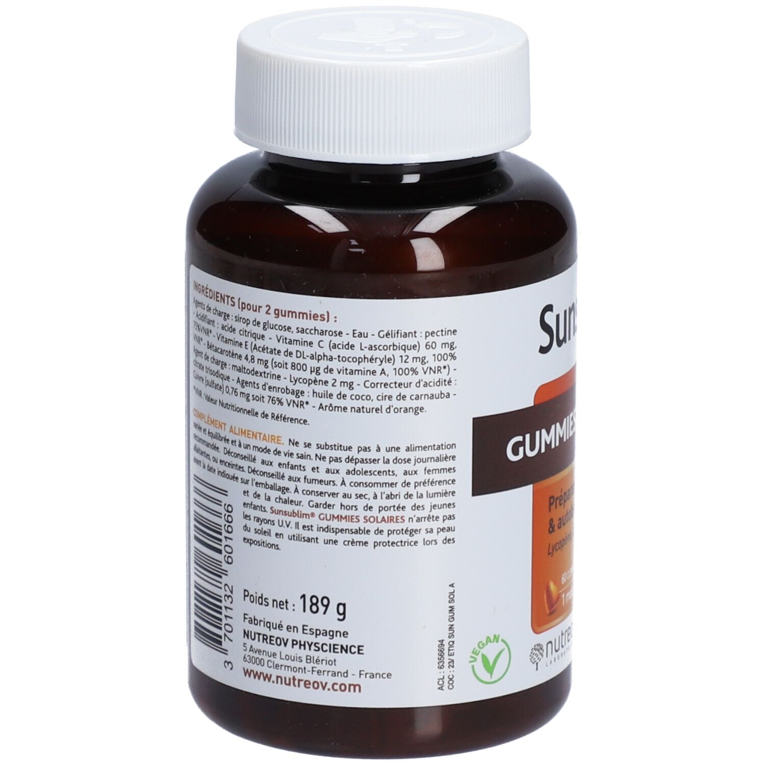 Dos du flacon. Liste des ingrédients pour 2 gummies. Poids 189 g. Fabricant : Nutreov Physcience. Label vegan.