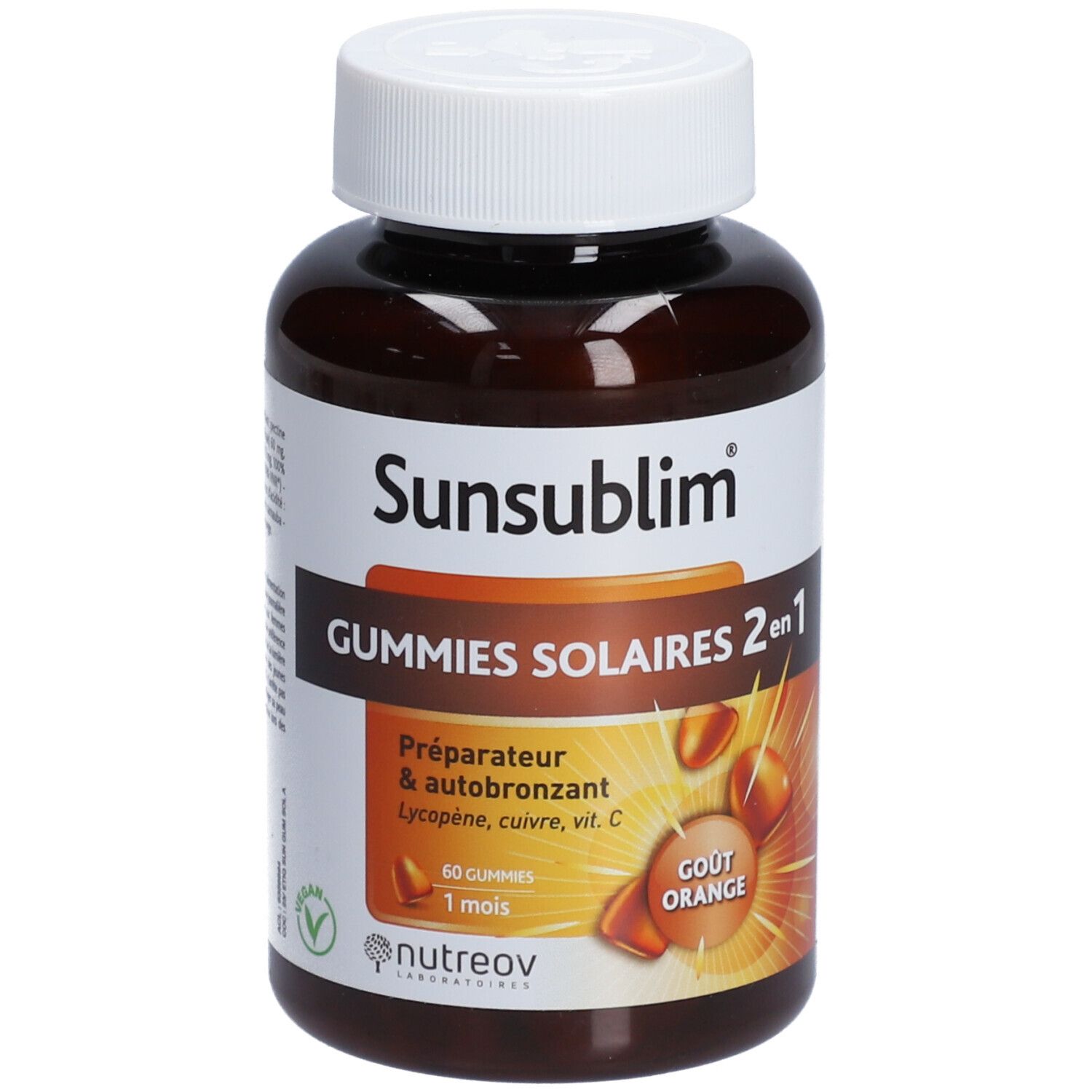 Flacon brun, bouchon blanc. Inscription Sunsublim, Gummies Solaires 2en1. 60 gummies, 1 mois. Goût orange.