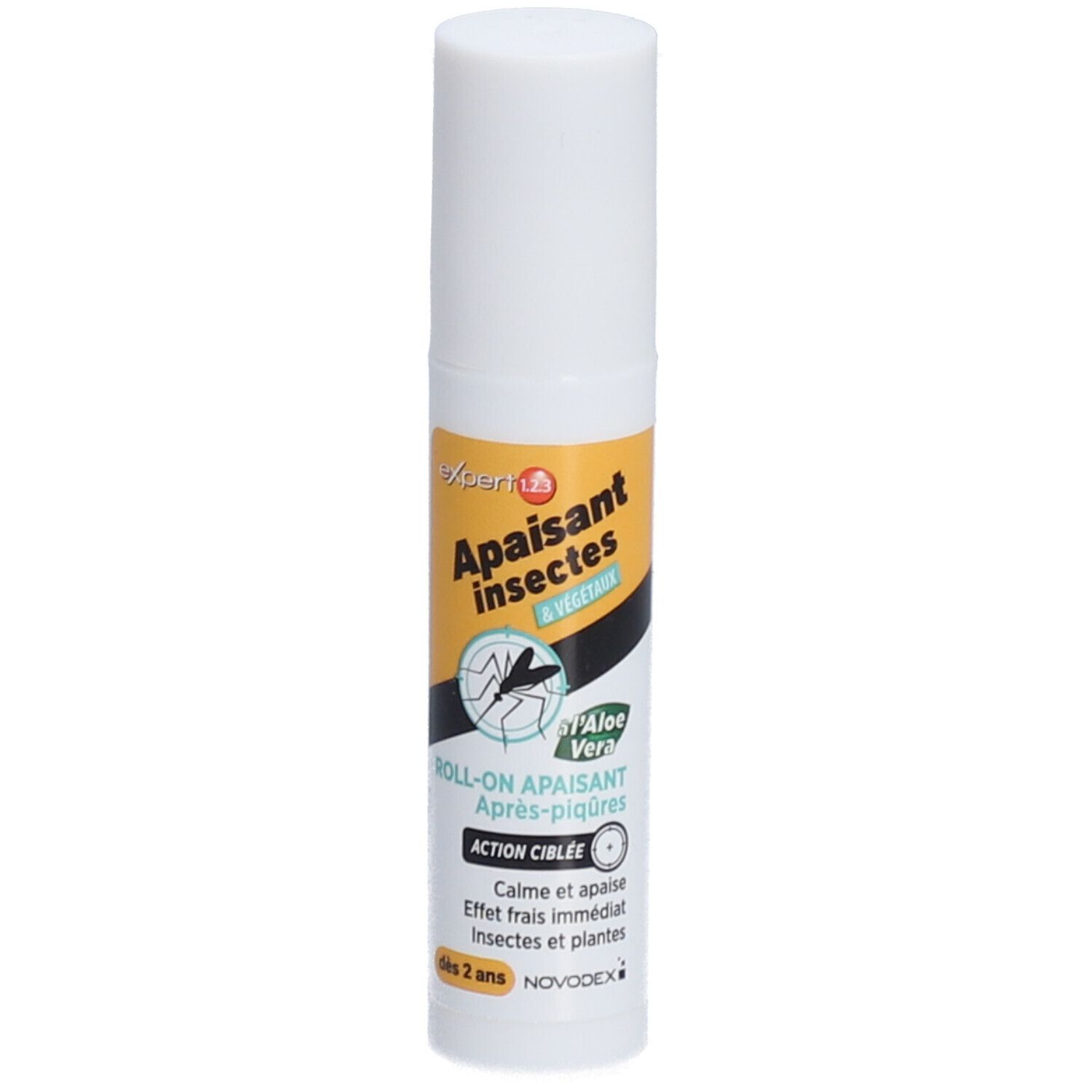 Roll-on apaisant après piqûres. Flacon blanc avec étiquette jaune et noire. Texte: 'Apaisant insectes & végétaux'.