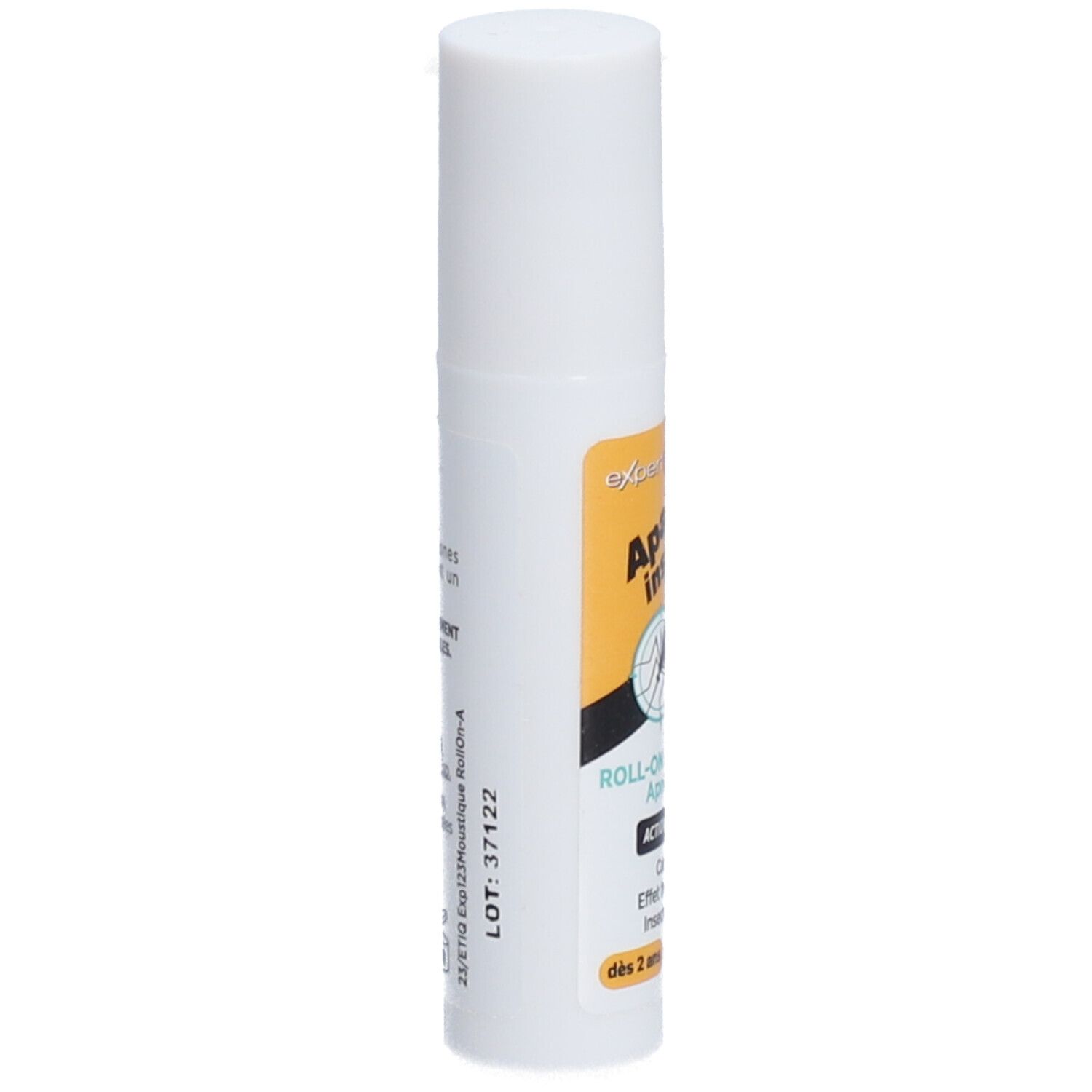 Roll-on apaisant après piqûres. Flacon blanc avec étiquette jaune et noire. Texte: 'Apaisant insectes & végétaux'.