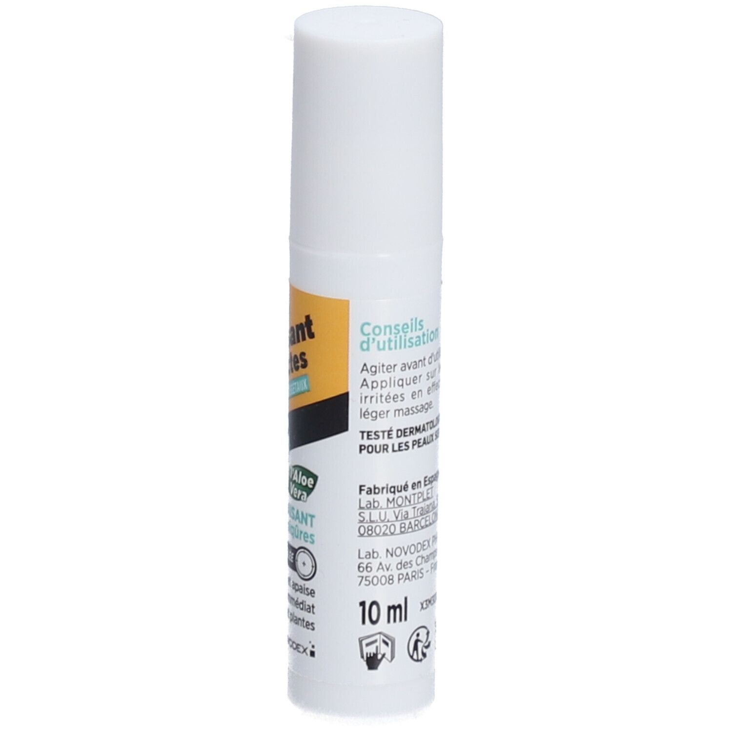 Roll-on blanc. Texte sur l'étiquette: 'Conseils d'utilisation' et '10 ml'.