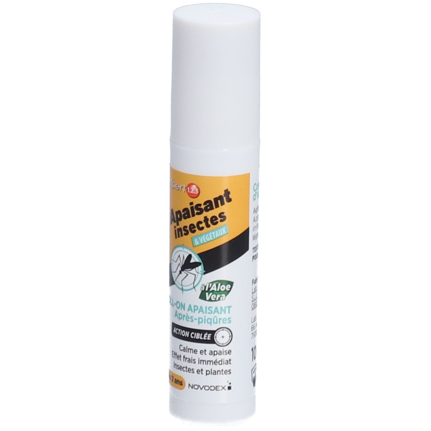 Roll-on blanc avec étiquette jaune et noire. Texte: 'Apaisant insectes & végétaux' et '10 ml'.