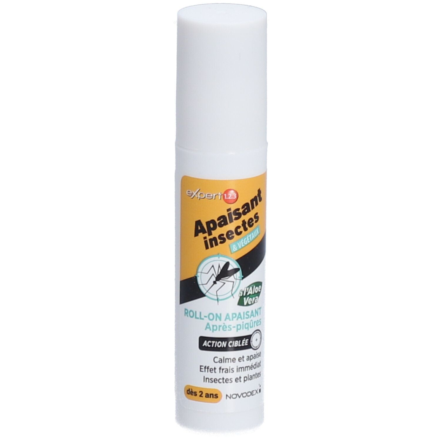 Roll-on blanc avec étiquette jaune et noire. Texte: 'Apaisant insectes & végétaux'.