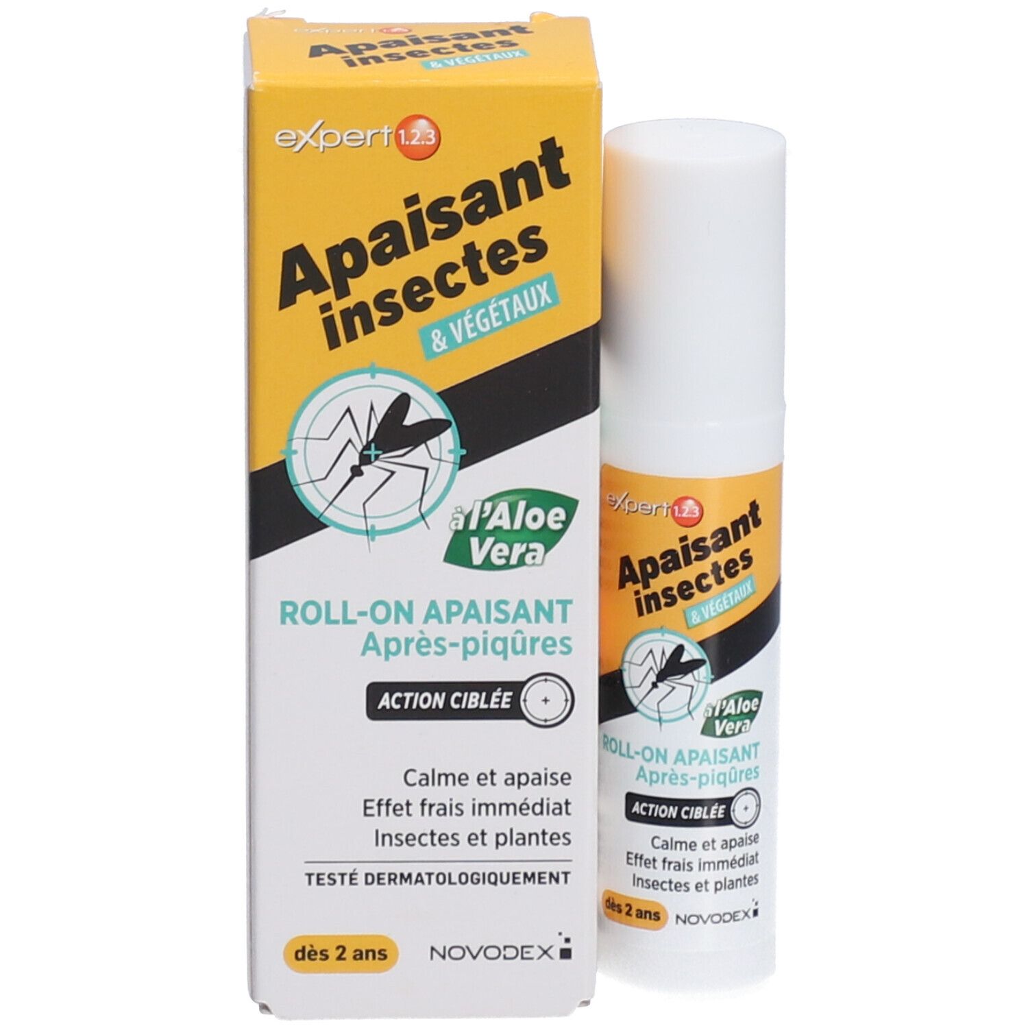 Emballage du produit avec roll-on. Boîte jaune et noire et stylo blanc. Texte: 'Apaisant insectes & végétaux'.