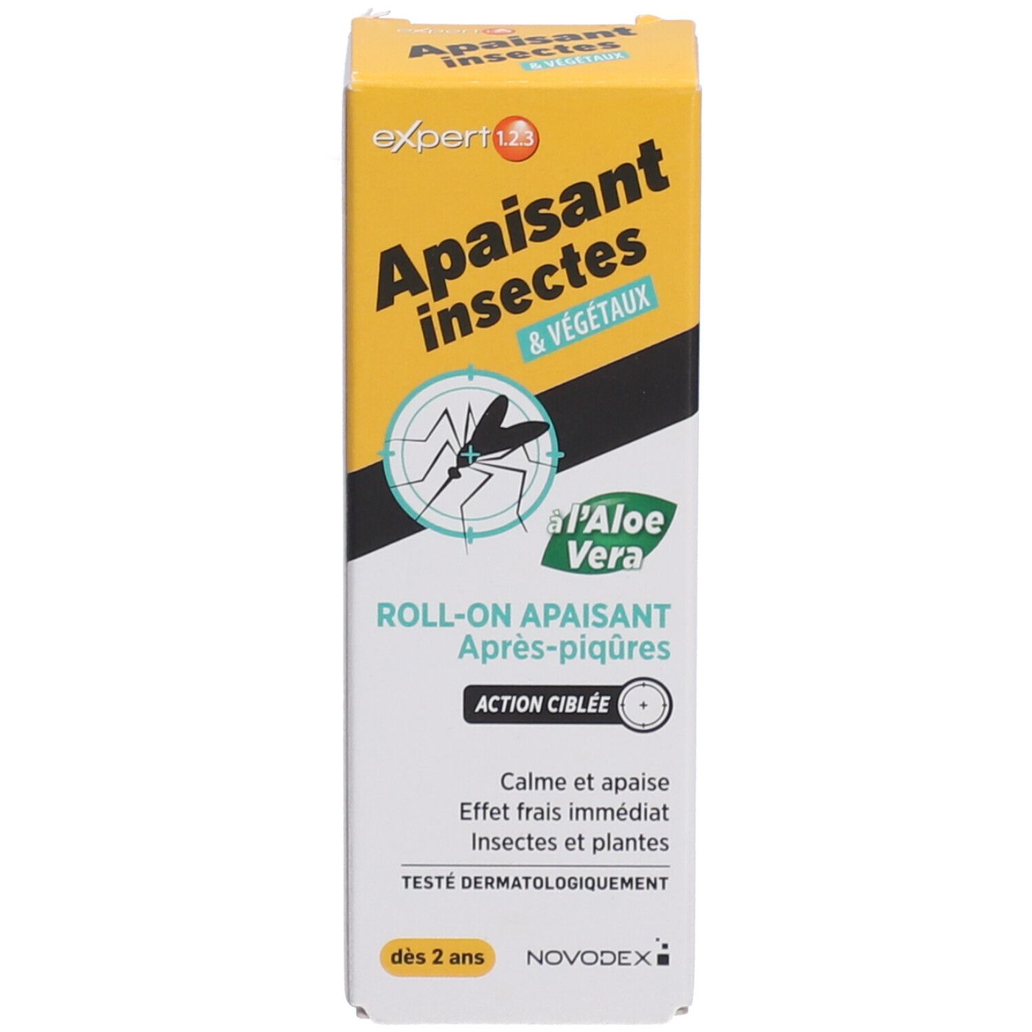 Emballage du produit. Boîte jaune et noire. Texte: 'Apaisant insectes & végétaux'.
